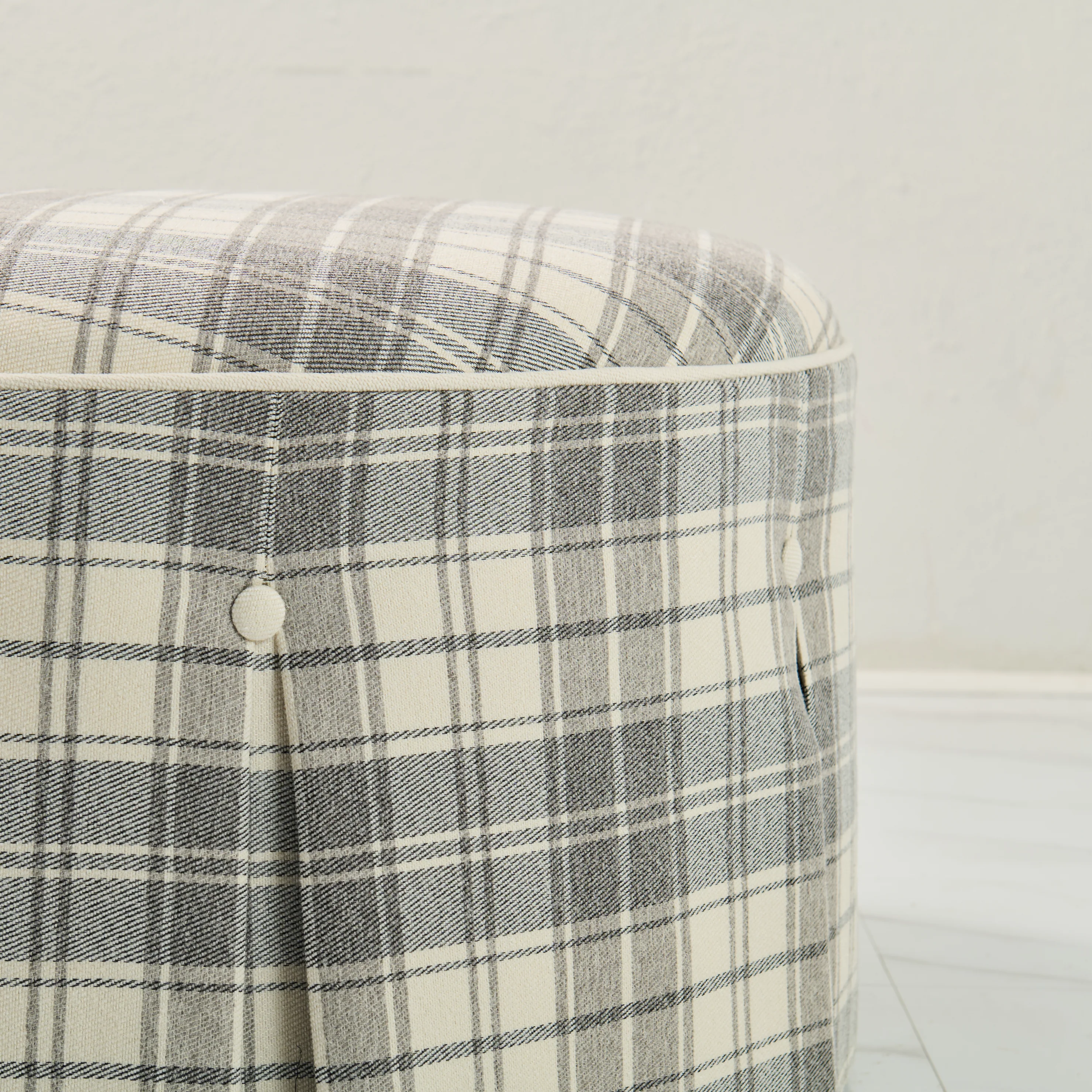 32" Round Skirted Ottoman in Gray Plaid Upholstery Fabric - Image 4