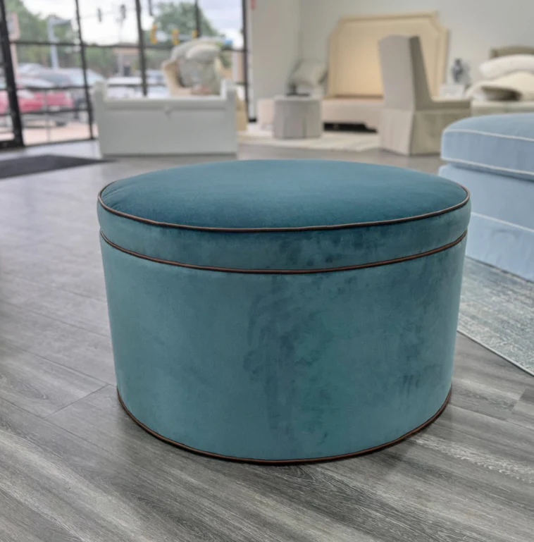 36" Round Ottoman / Coffee Table in Turquoise Mohair Fabric - Brown Leather Trim - Image 5
