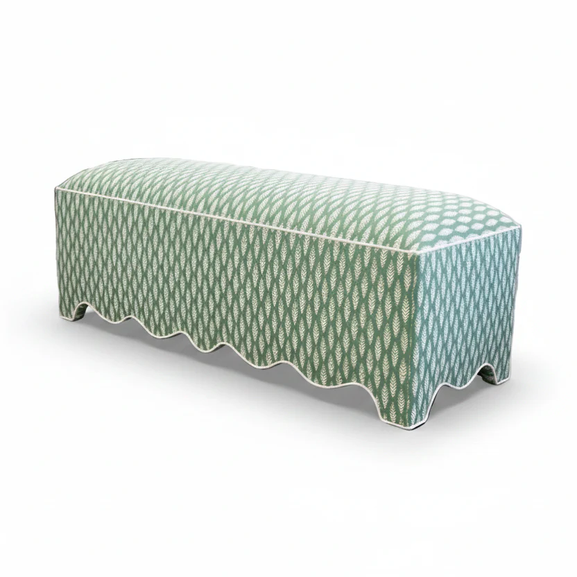 50” L Scalloped End of Bed Bench in Sage Leaf Fabric - White Trim