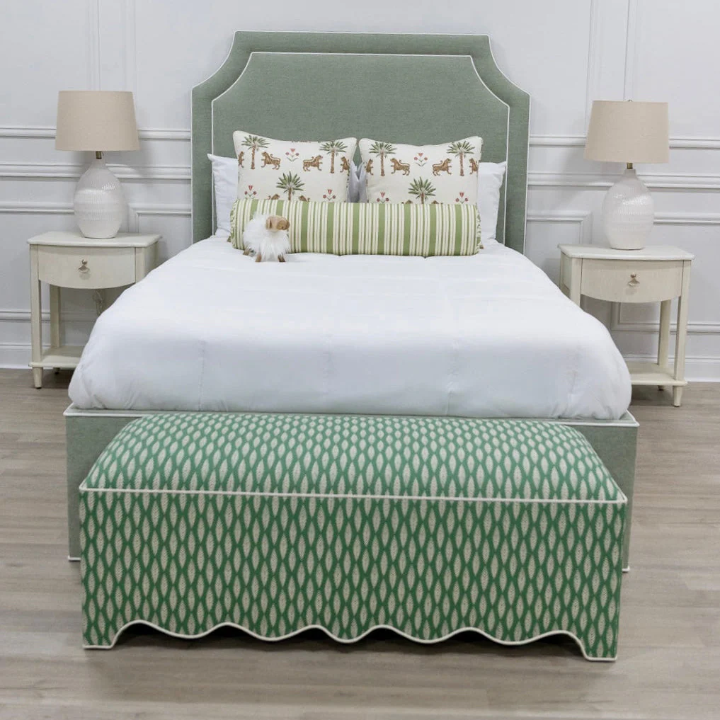 50” L Scalloped End of Bed Bench in Sage Leaf Fabric - White Trim - Image 2