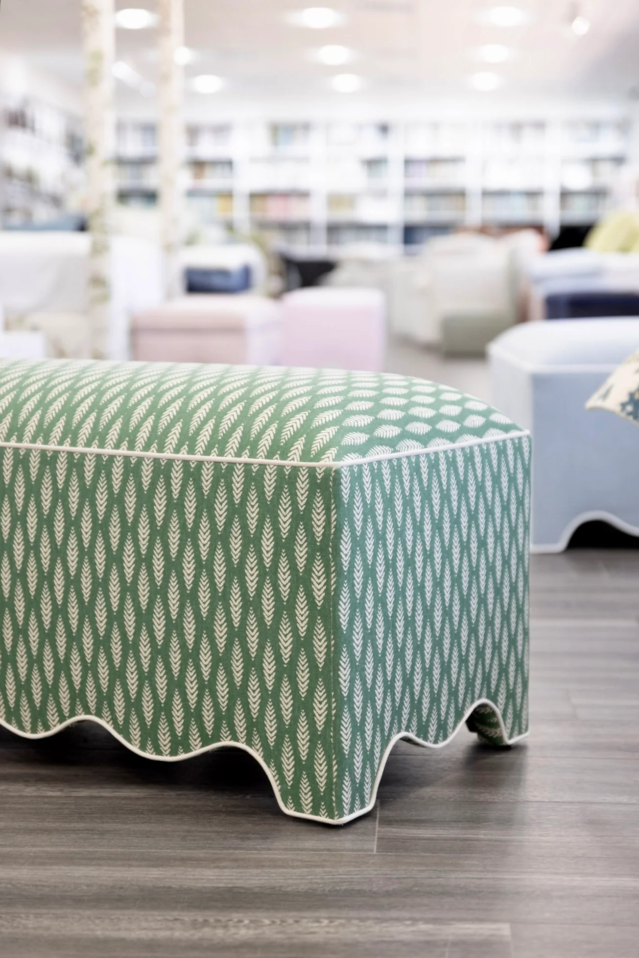 50” L Scalloped End of Bed Bench in Sage Leaf Fabric - White Trim - Image 3