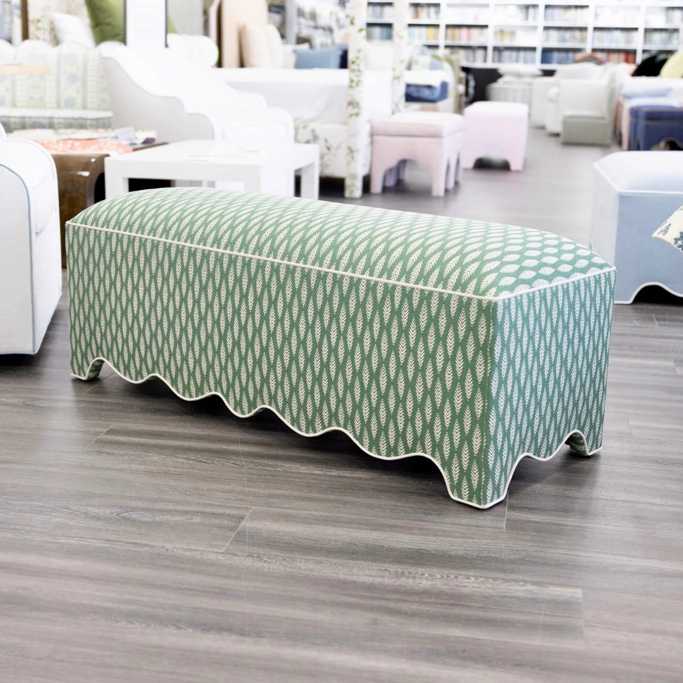 50” L Scalloped End of Bed Bench in Sage Leaf Fabric - White Trim - Image 4