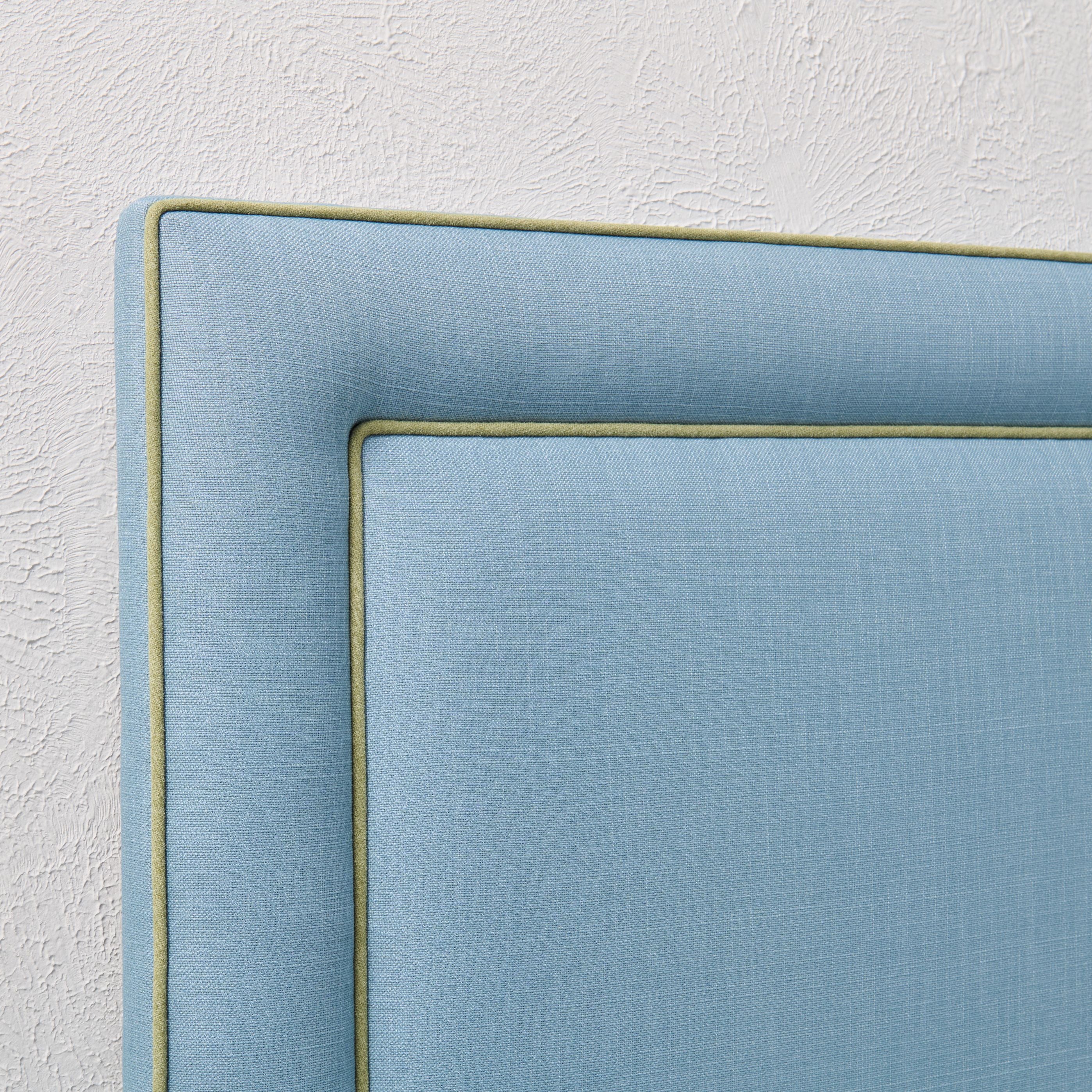 60" H Full Headboard in Blue Linen - Green Trim - Image 2