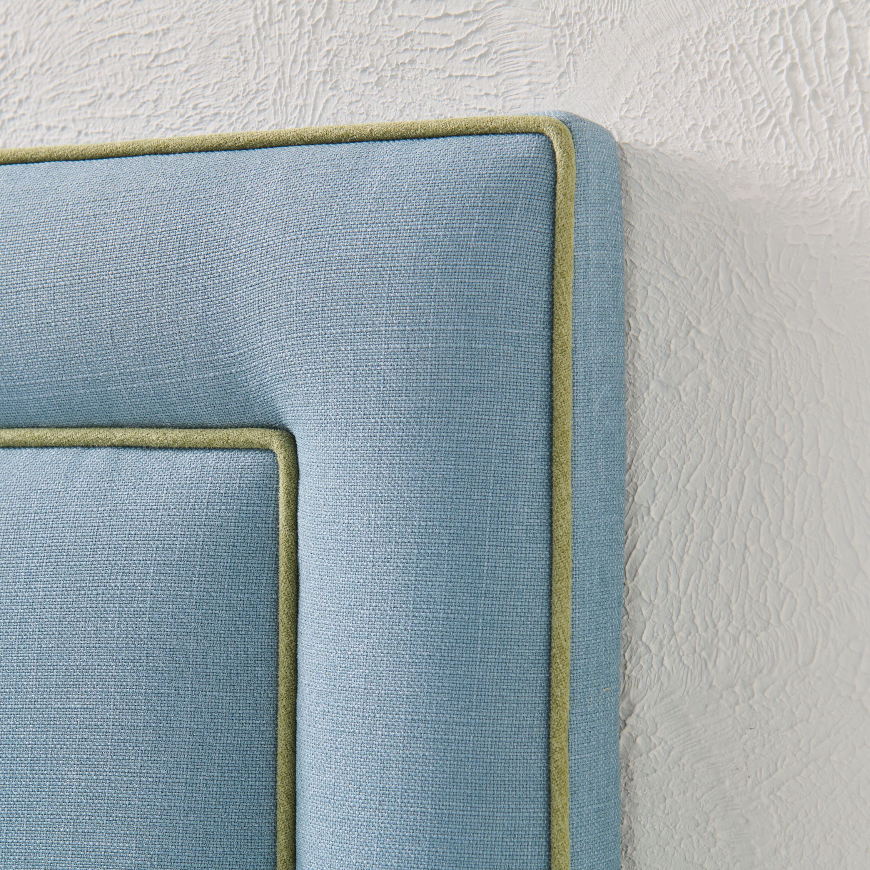 60" H Full Headboard in Blue Linen - Green Trim - Image 5