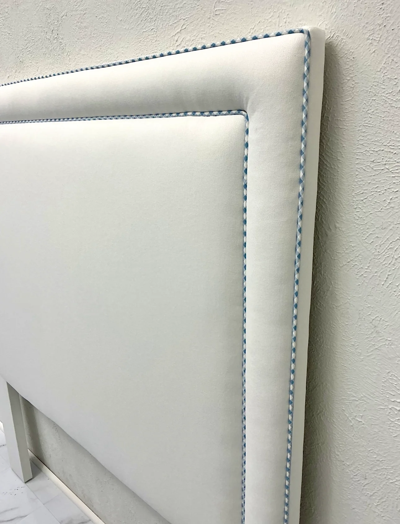 60" H Full Headboard in White Linen - Blue Gingham Trim - Image 4