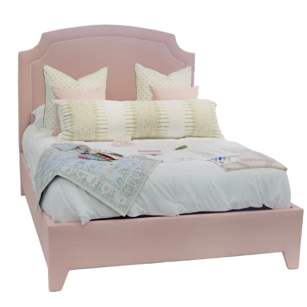 60”H Queen Platform Bed in our Blush Pink Linen with White Trim