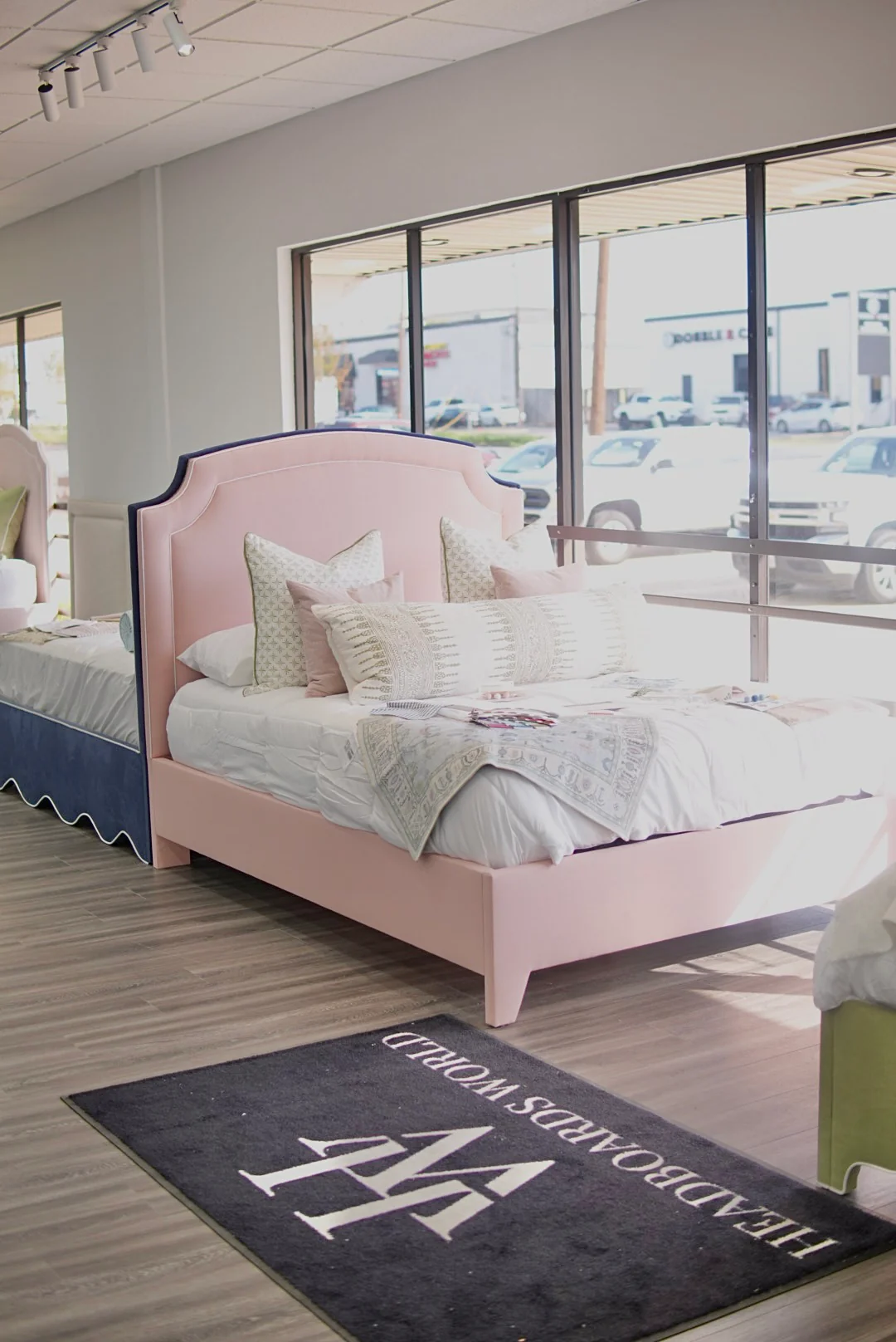 60”H Queen Platform Bed in our Blush Pink Linen with White Trim - Image 2