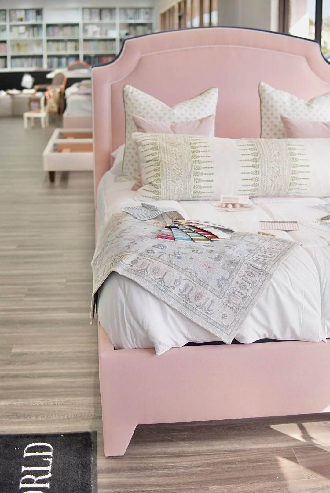 60”H Queen Platform Bed in our Blush Pink Linen with White Trim - Image 4