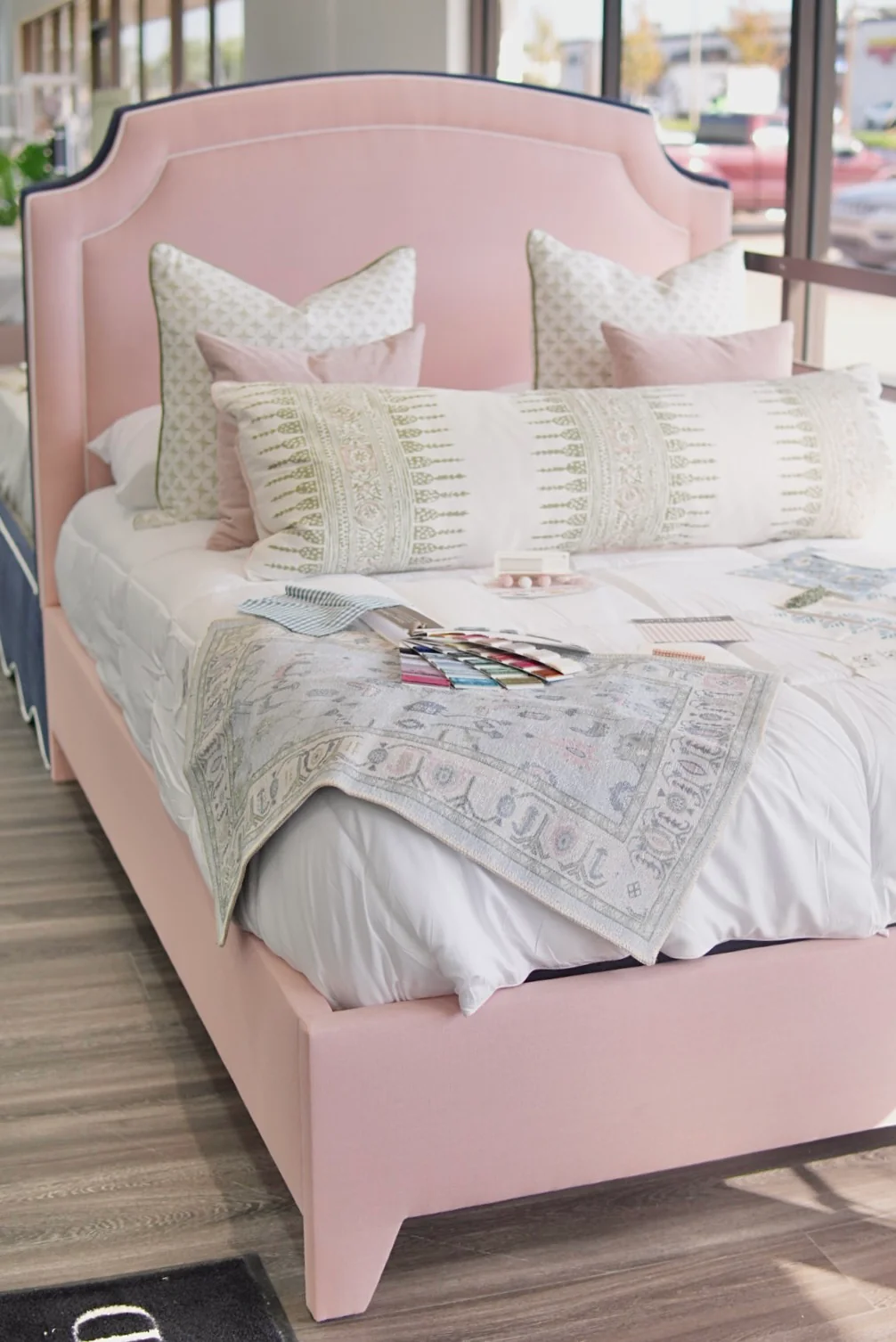 60”H Queen Platform Bed in our Blush Pink Linen with White Trim - Image 5