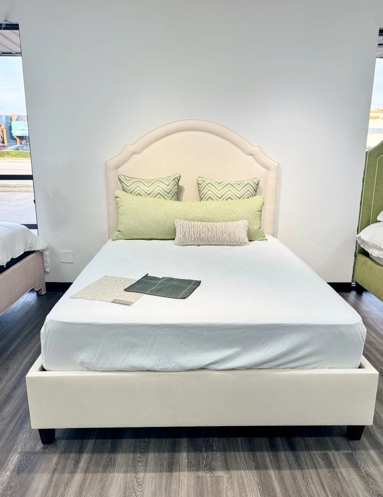 65" H Queen Upholstered Platform Bed - Brown Wooden Legs - Oatmeal Woven Fabric - Self Welted - Image 2