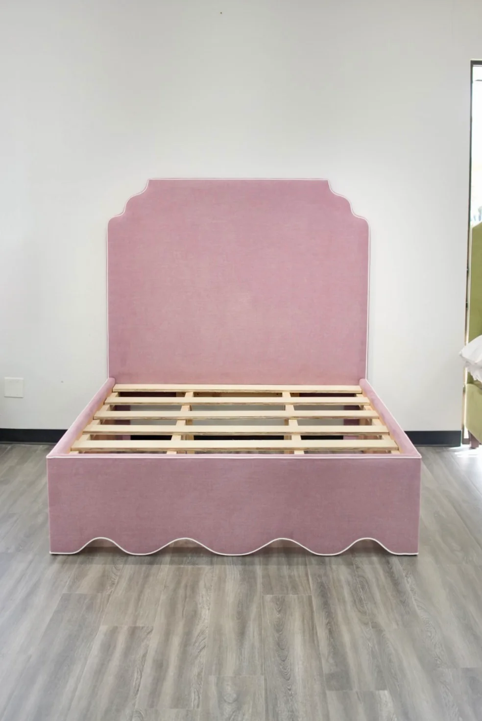 60”H Queen Upholstered Platform Bed - Scalloped Base - Lavender Woven Fabric with White Pink - Image 2