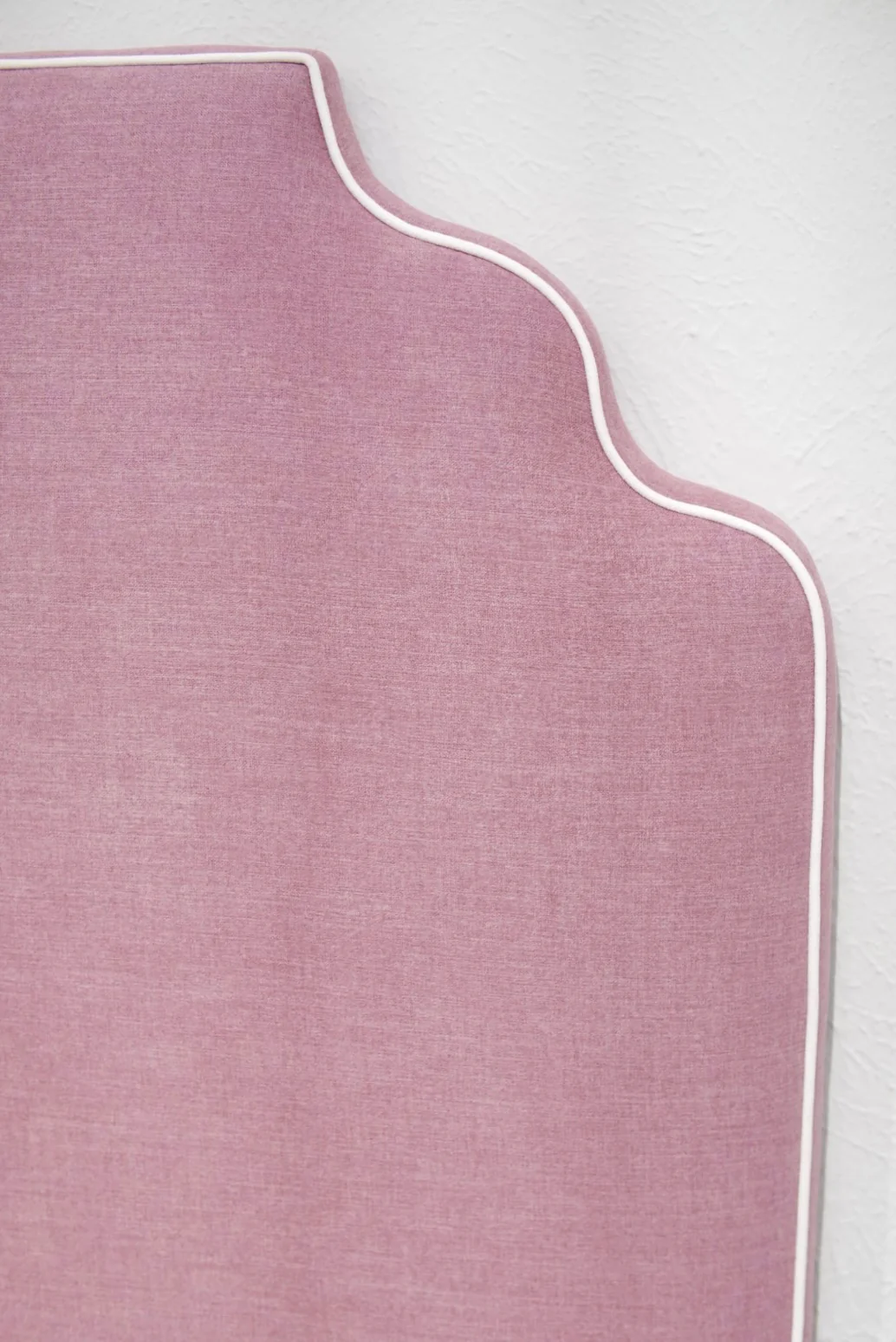 60”H Queen Upholstered Platform Bed - Scalloped Base - Lavender Woven Fabric with White Pink - Image 6