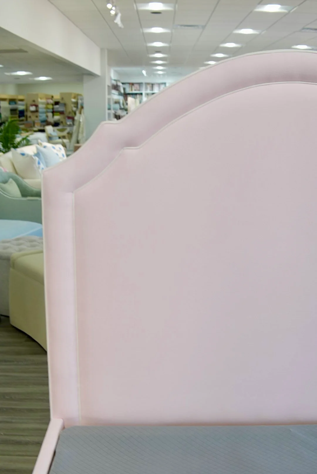65”H Queen Upholstered Platform Bed - Wooden Legs - Powder Pink Woven Fabric with White Pink - Image 7