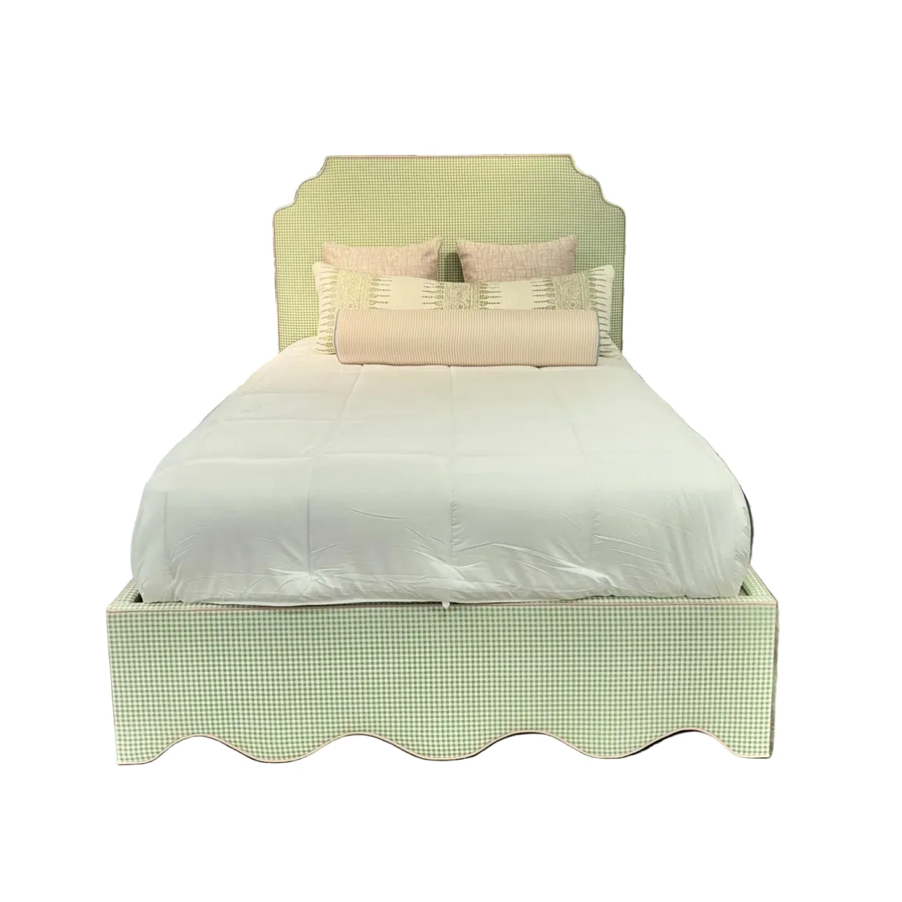65”H Queen Upholstered Platform Bed - Scalloped Base - Sage Green Gingham Fabric with Blush Pink
