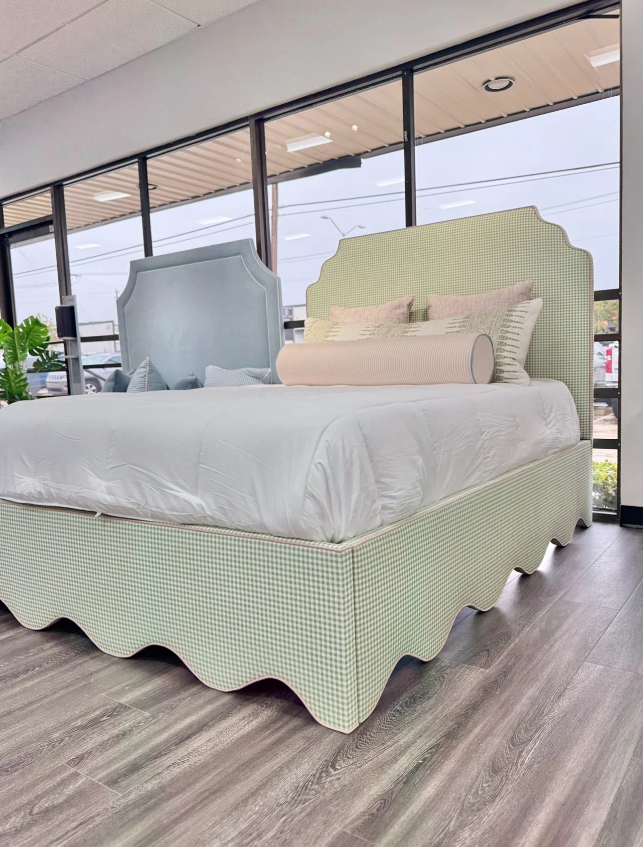65”H Queen Upholstered Platform Bed - Scalloped Base - Sage Green Gingham Fabric with Blush Pink - Image 2