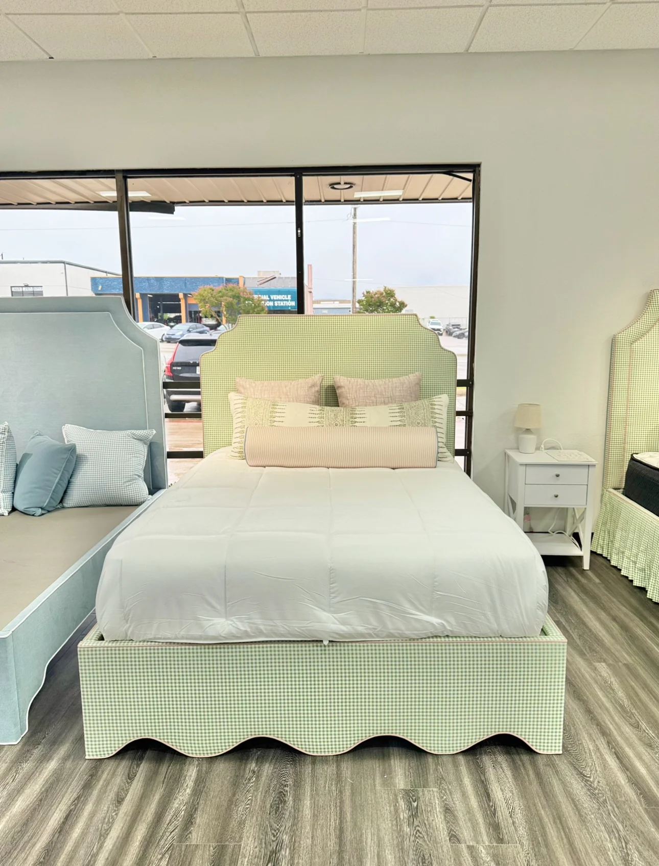 65”H Queen Upholstered Platform Bed - Scalloped Base - Sage Green Gingham Fabric with Blush Pink - Image 4