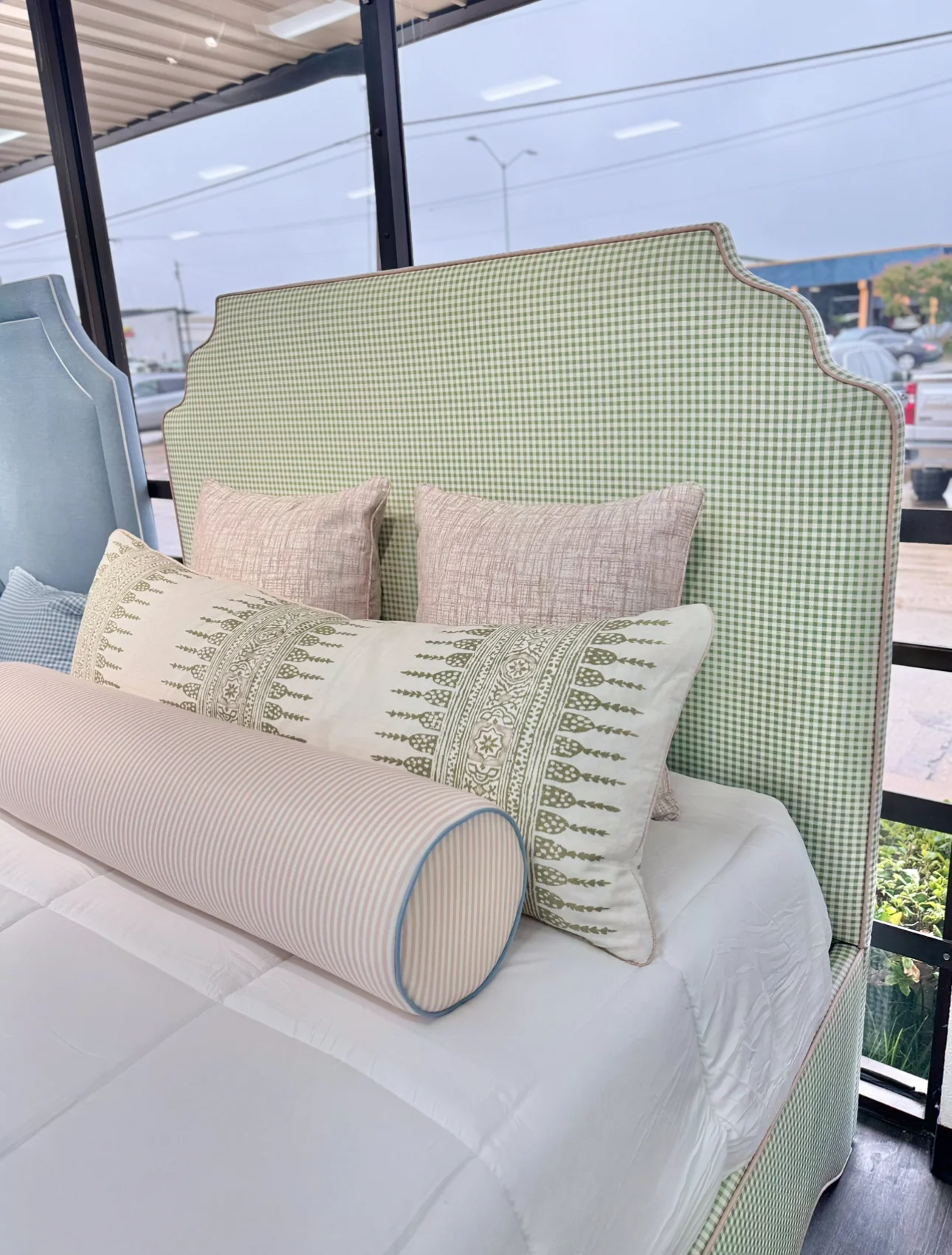 65”H Queen Upholstered Platform Bed - Scalloped Base - Sage Green Gingham Fabric with Blush Pink - Image 5