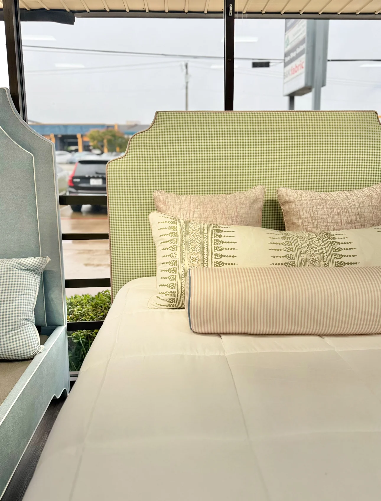 65”H Queen Upholstered Platform Bed - Scalloped Base - Sage Green Gingham Fabric with Blush Pink - Image 6