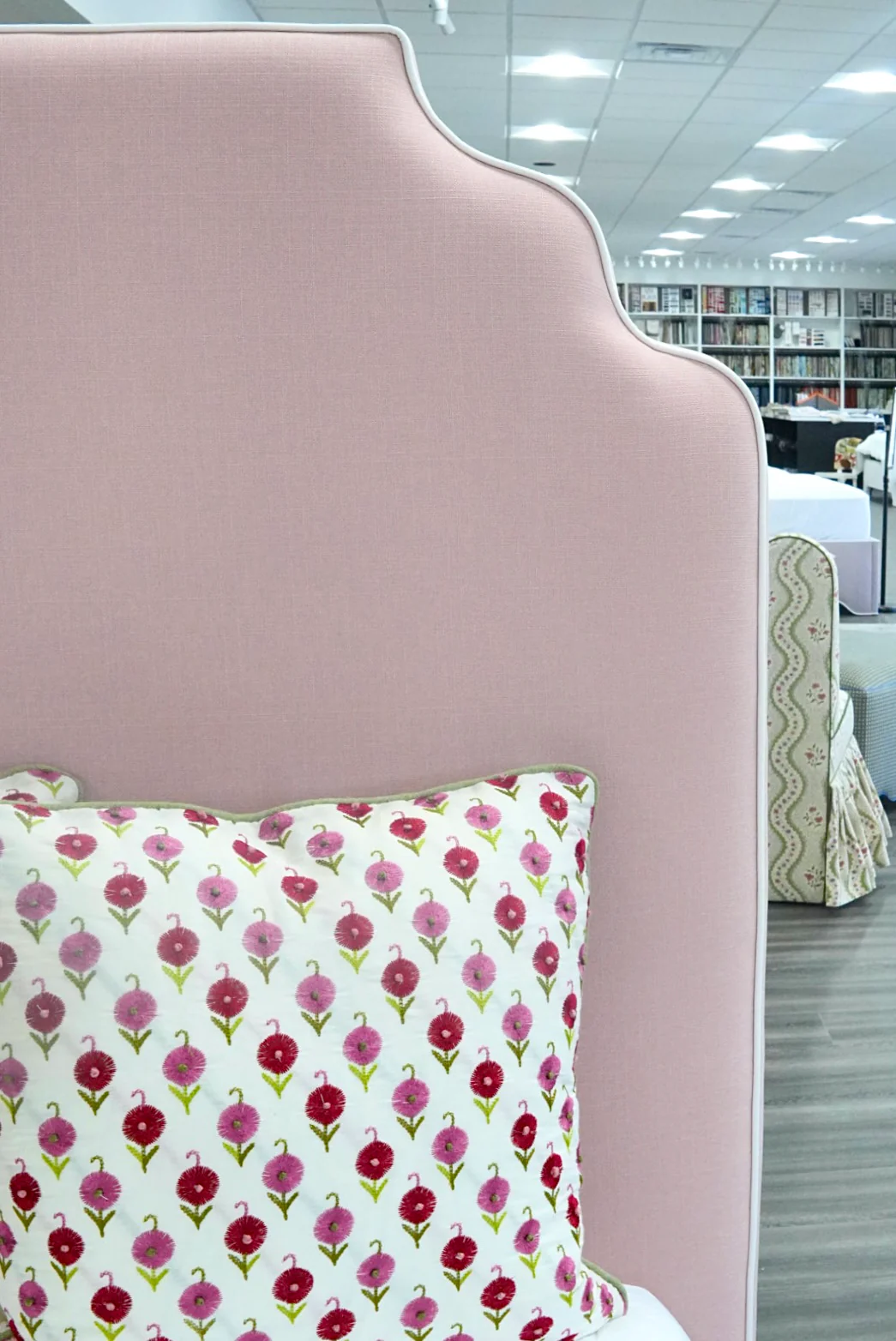 60”H Twin Scalloped Platform Bed in our Blush Pink Linen - White Trim - Image 7