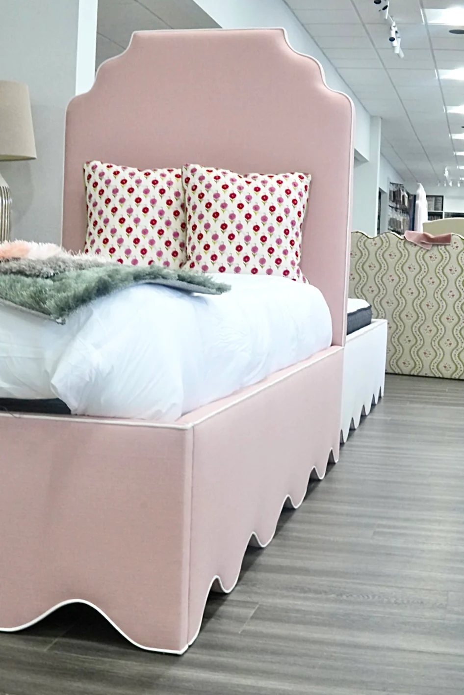 60”H Twin Scalloped Platform Bed in our Blush Pink Linen - White Trim - Image 9