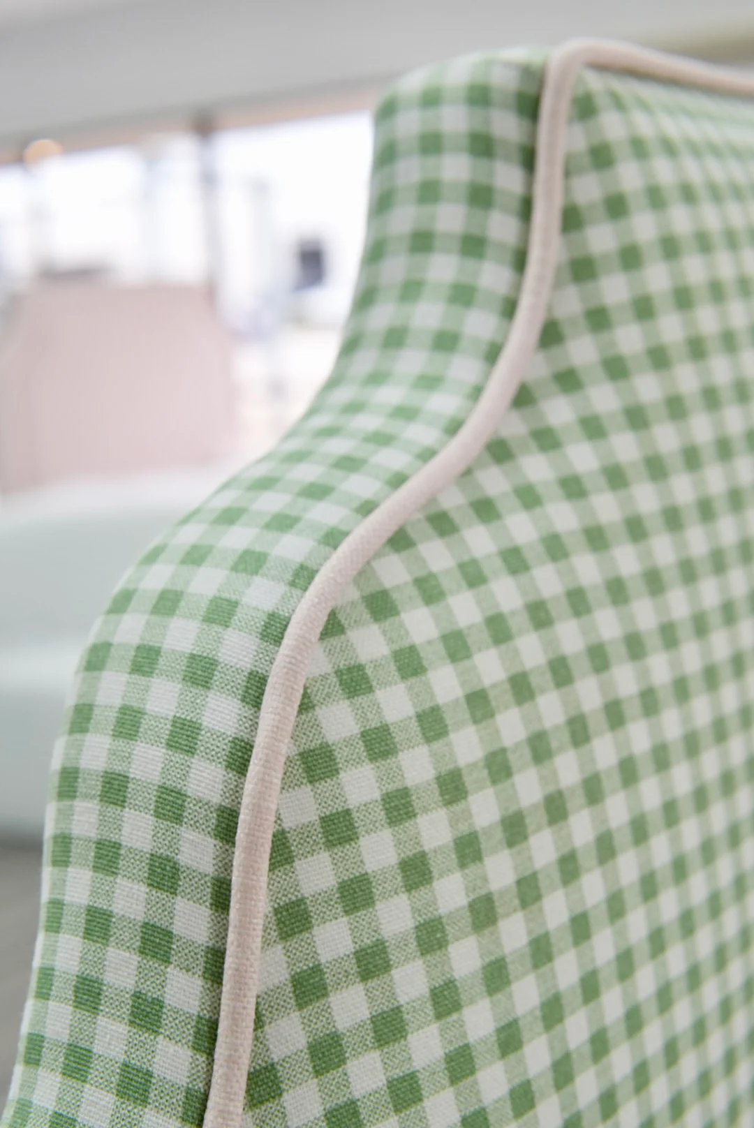 60”H Twin Size Platform Upholstered Bed - Sage Green Gingham Fabric - Pink Pink Trim - Image 4