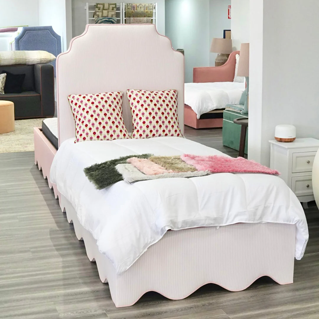 65”H Twin Upholstered Platform Base Bed - Scalloped Base - Classic Ticking Pink Fabric with Pink Trim