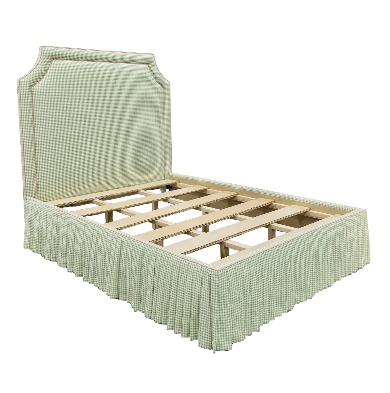 65" Queen Upholstered Platform Bed - Skirted Base - Sage Green Gingham Fabric with Blush Pink Trim