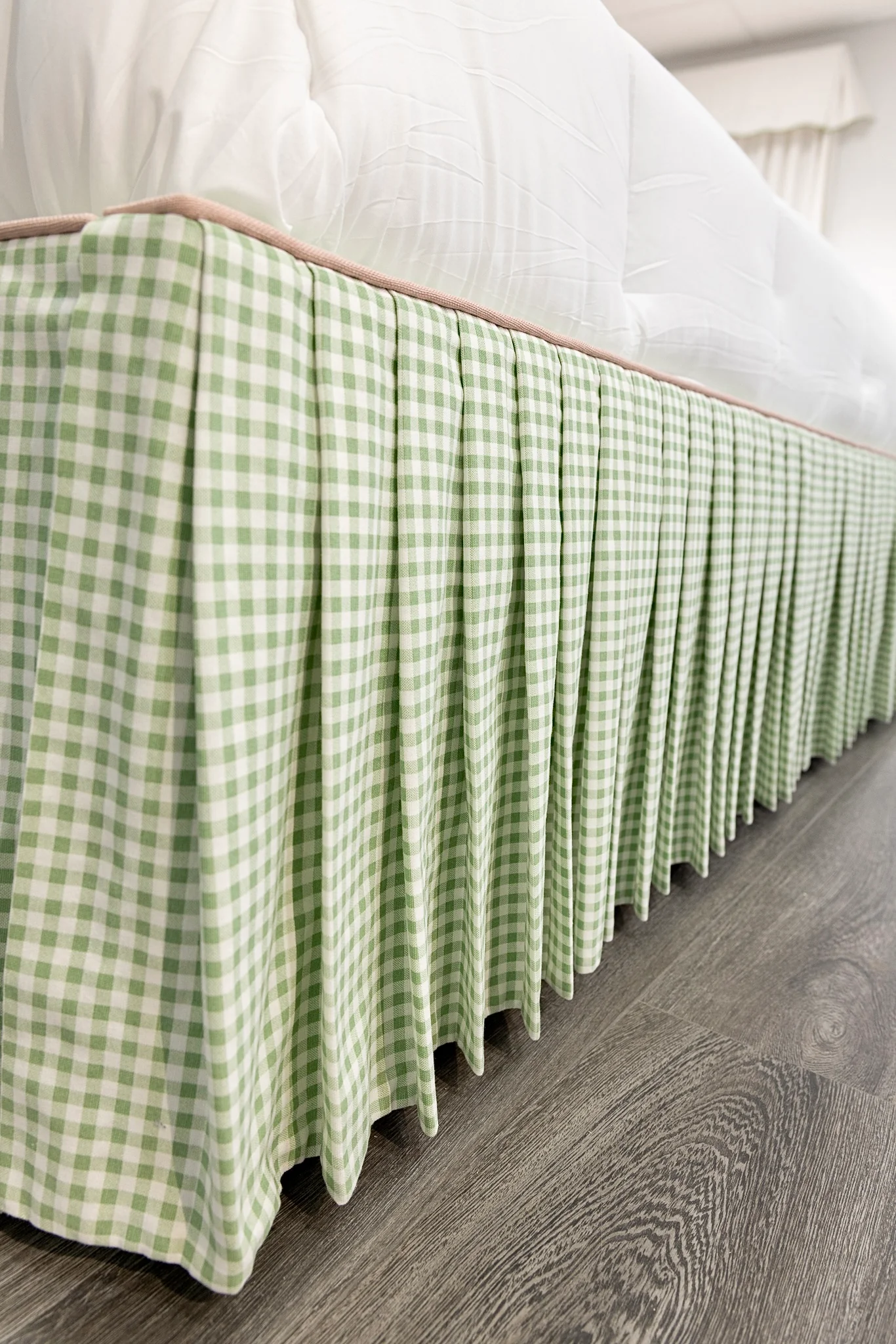 65" Queen Upholstered Platform Bed - Skirted Base - Sage Green Gingham Fabric with Blush Pink Trim - Image 11
