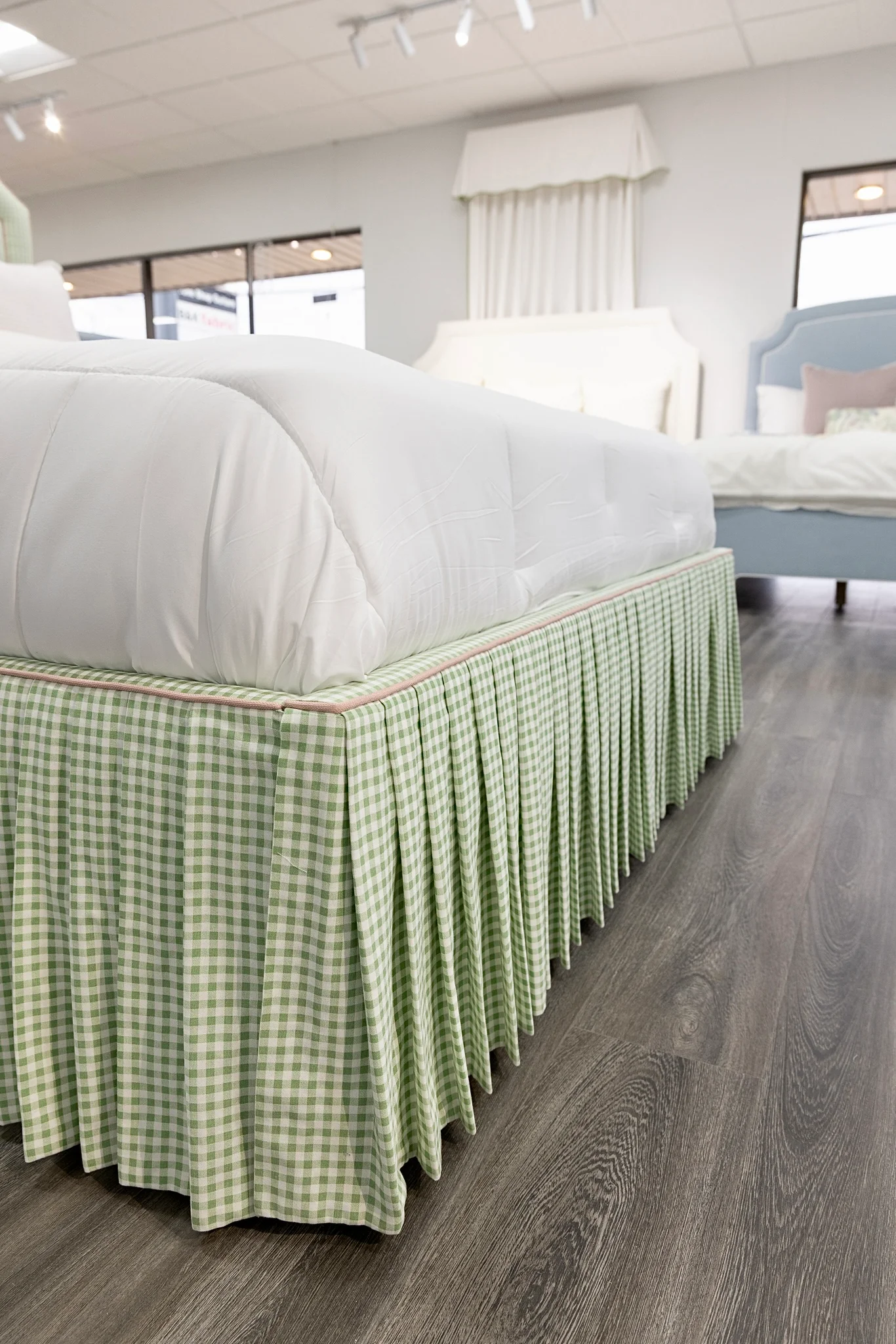 65" Queen Upholstered Platform Bed - Skirted Base - Sage Green Gingham Fabric with Blush Pink Trim - Image 12