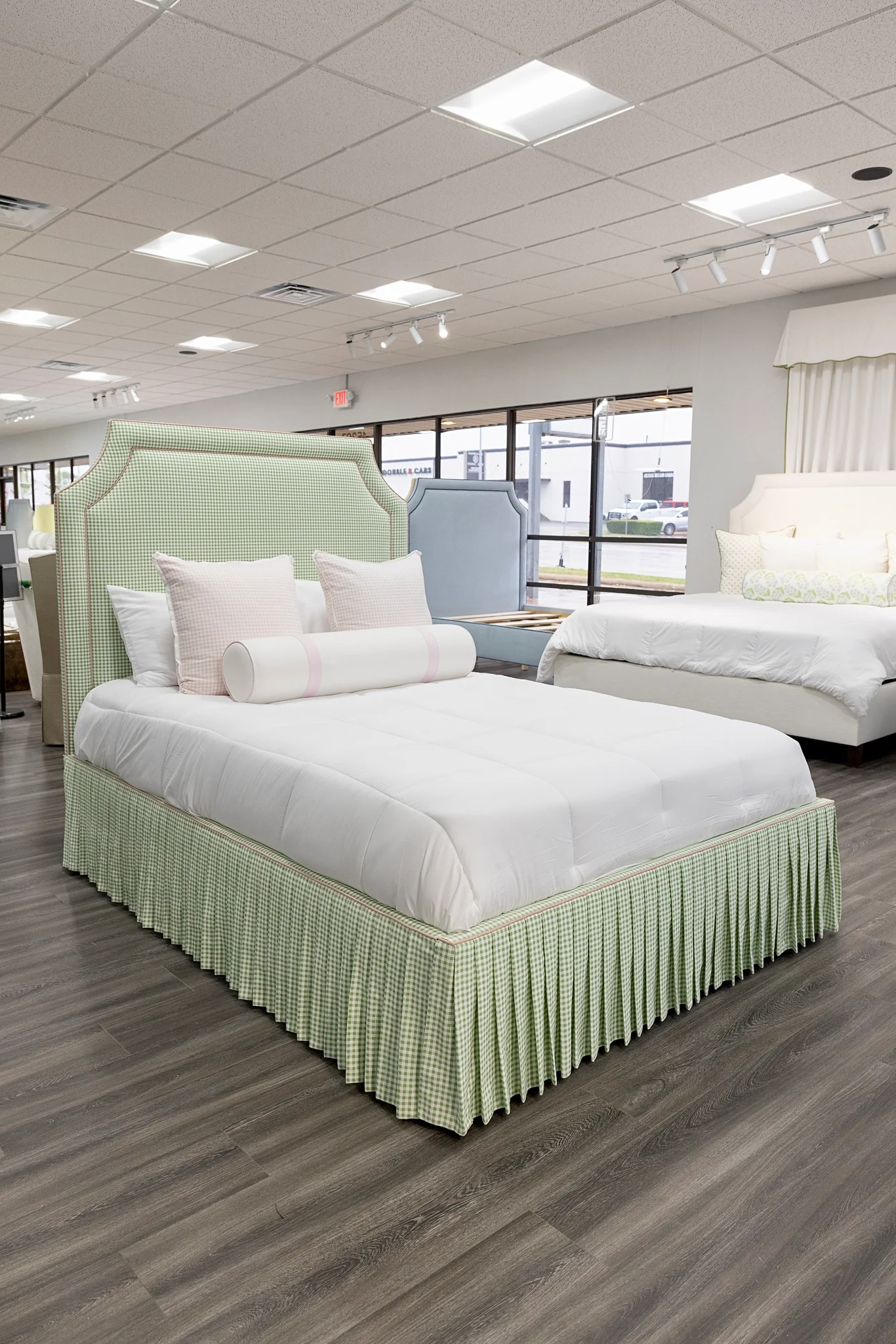 65" Queen Upholstered Platform Bed - Skirted Base - Sage Green Gingham Fabric with Blush Pink Trim - Image 2
