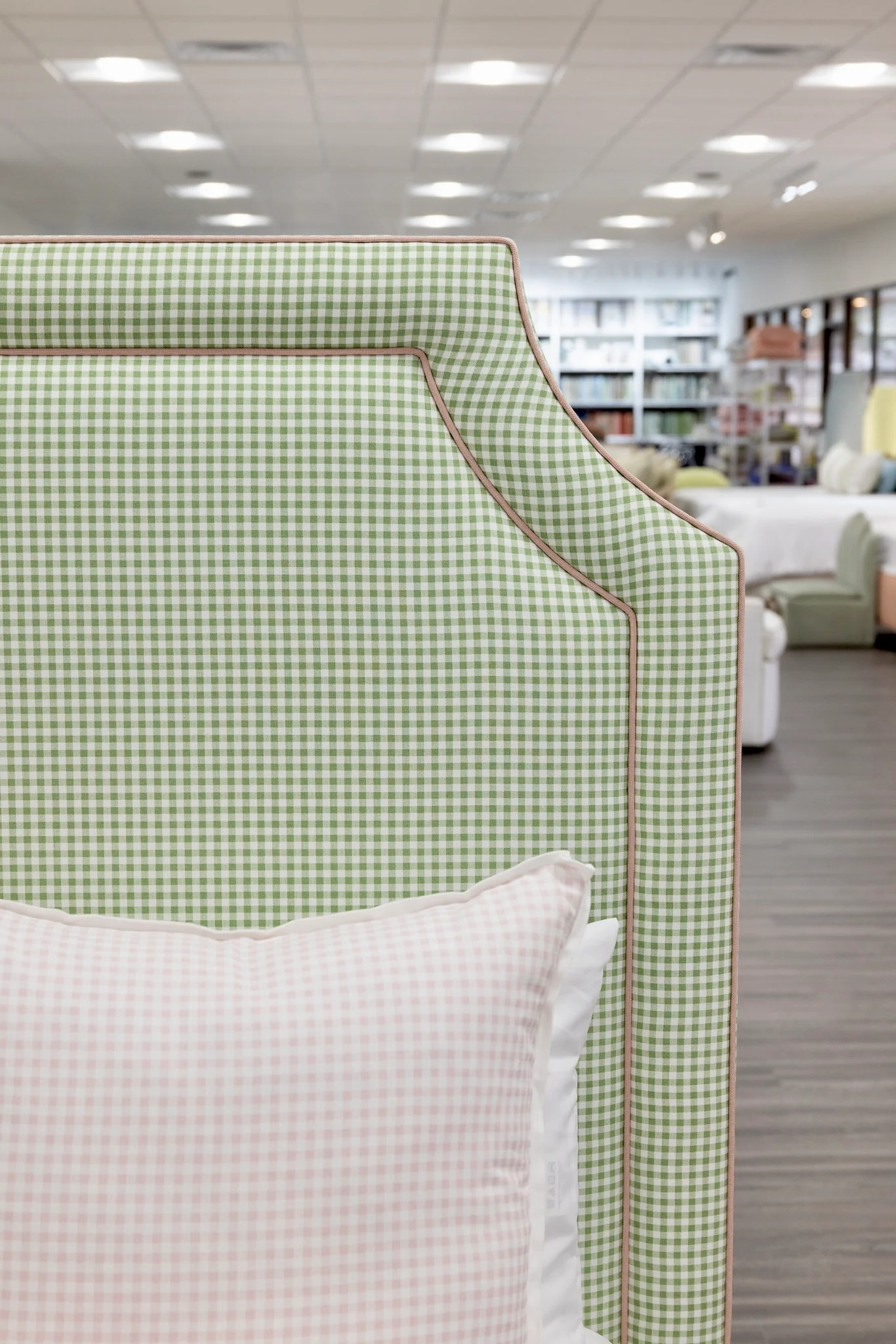 65" Queen Upholstered Platform Bed - Skirted Base - Sage Green Gingham Fabric with Blush Pink Trim - Image 4