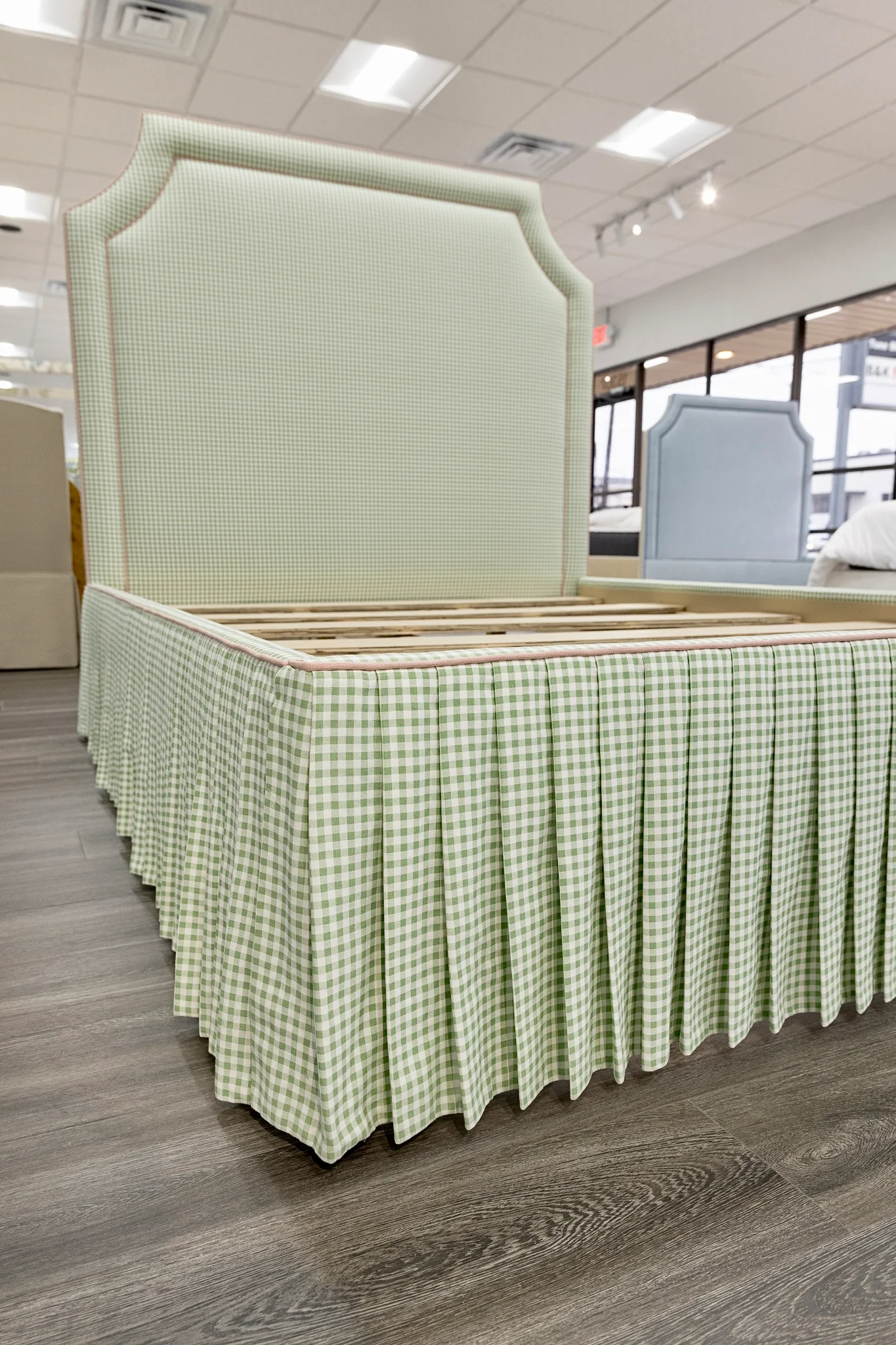 65" Queen Upholstered Platform Bed - Skirted Base - Sage Green Gingham Fabric with Blush Pink Trim - Image 6