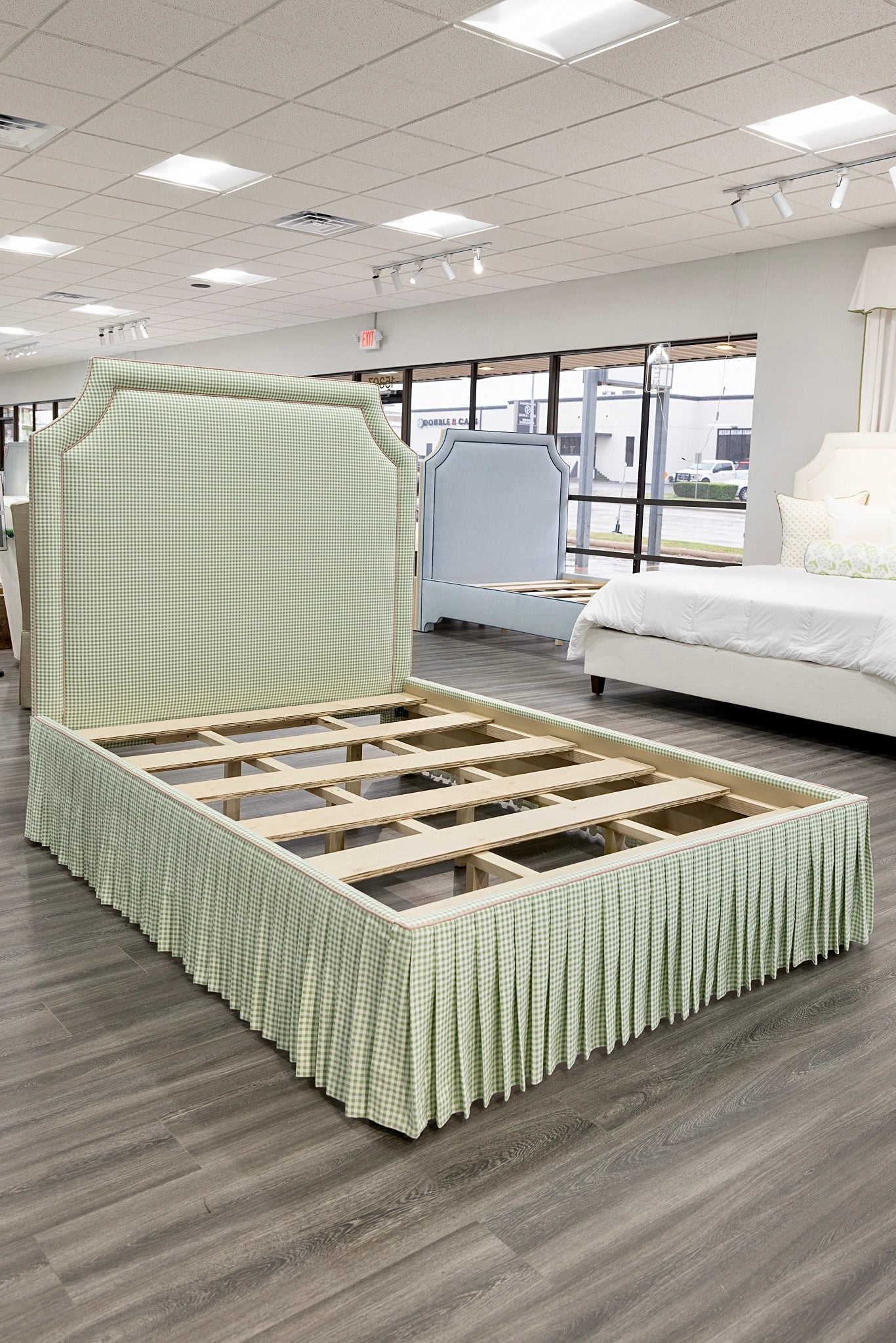65" Queen Upholstered Platform Bed - Skirted Base - Sage Green Gingham Fabric with Blush Pink Trim - Image 9