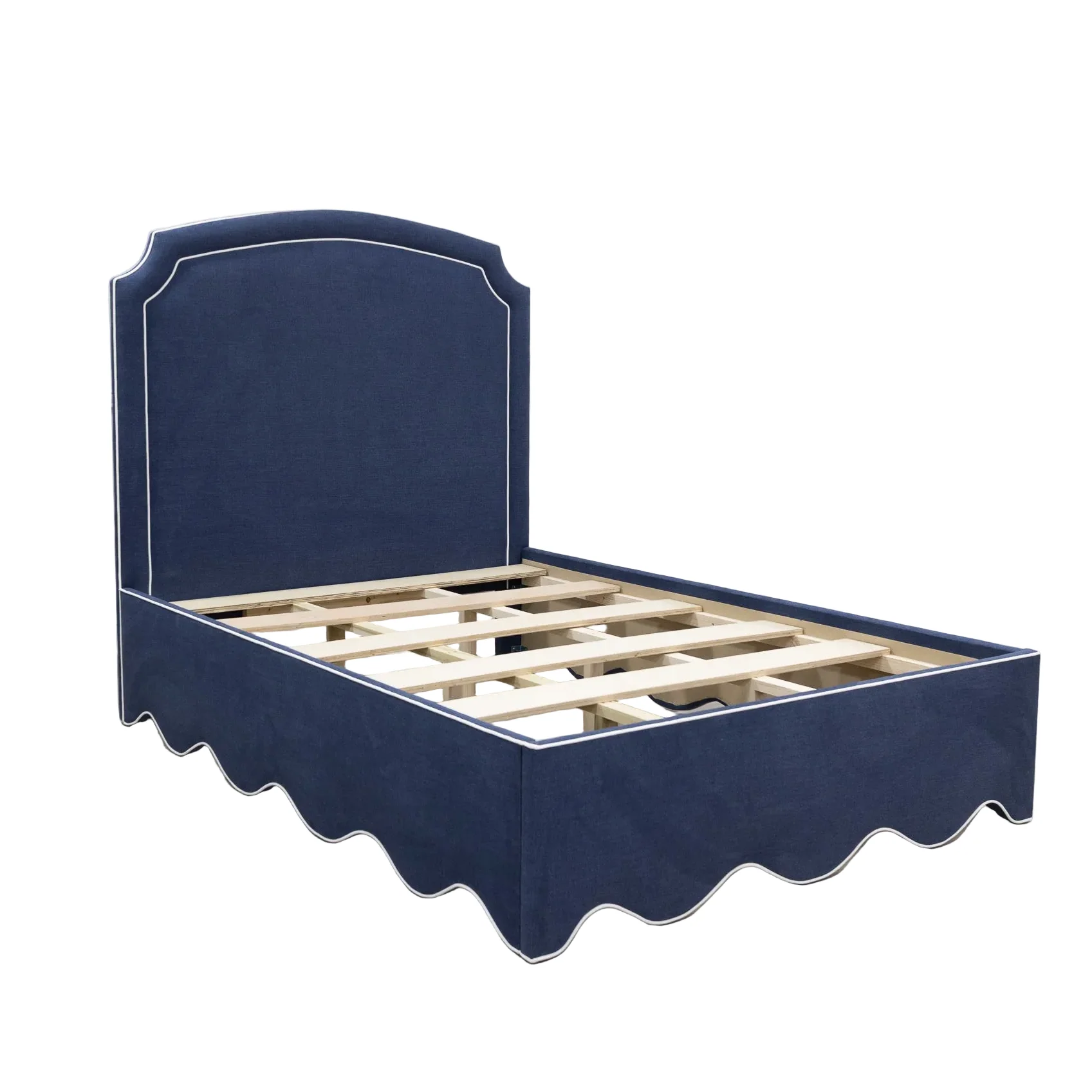 65"H Queen Upholstered Platform Bed - Scalloped Base - Navy Woven Fabric with White Trim
