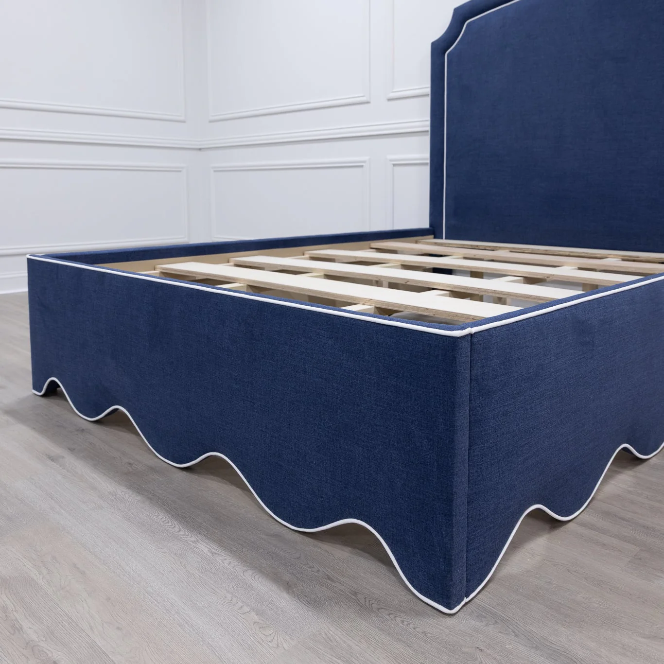 65"H Queen Upholstered Platform Bed - Scalloped Base - Navy Woven Fabric with White Trim - Image 5