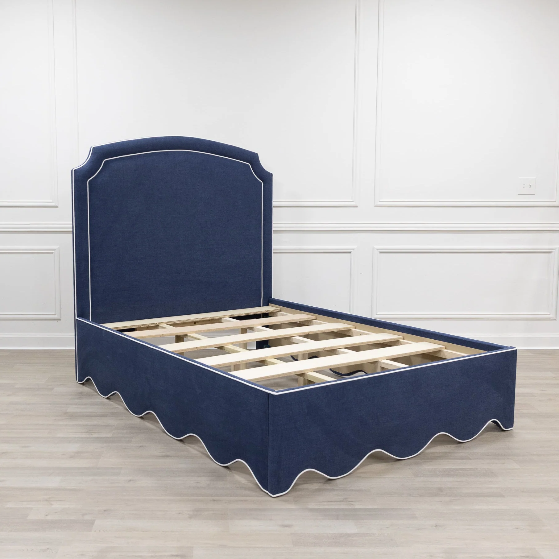 65"H Queen Upholstered Platform Bed - Scalloped Base - Navy Woven Fabric with White Trim - Image 9