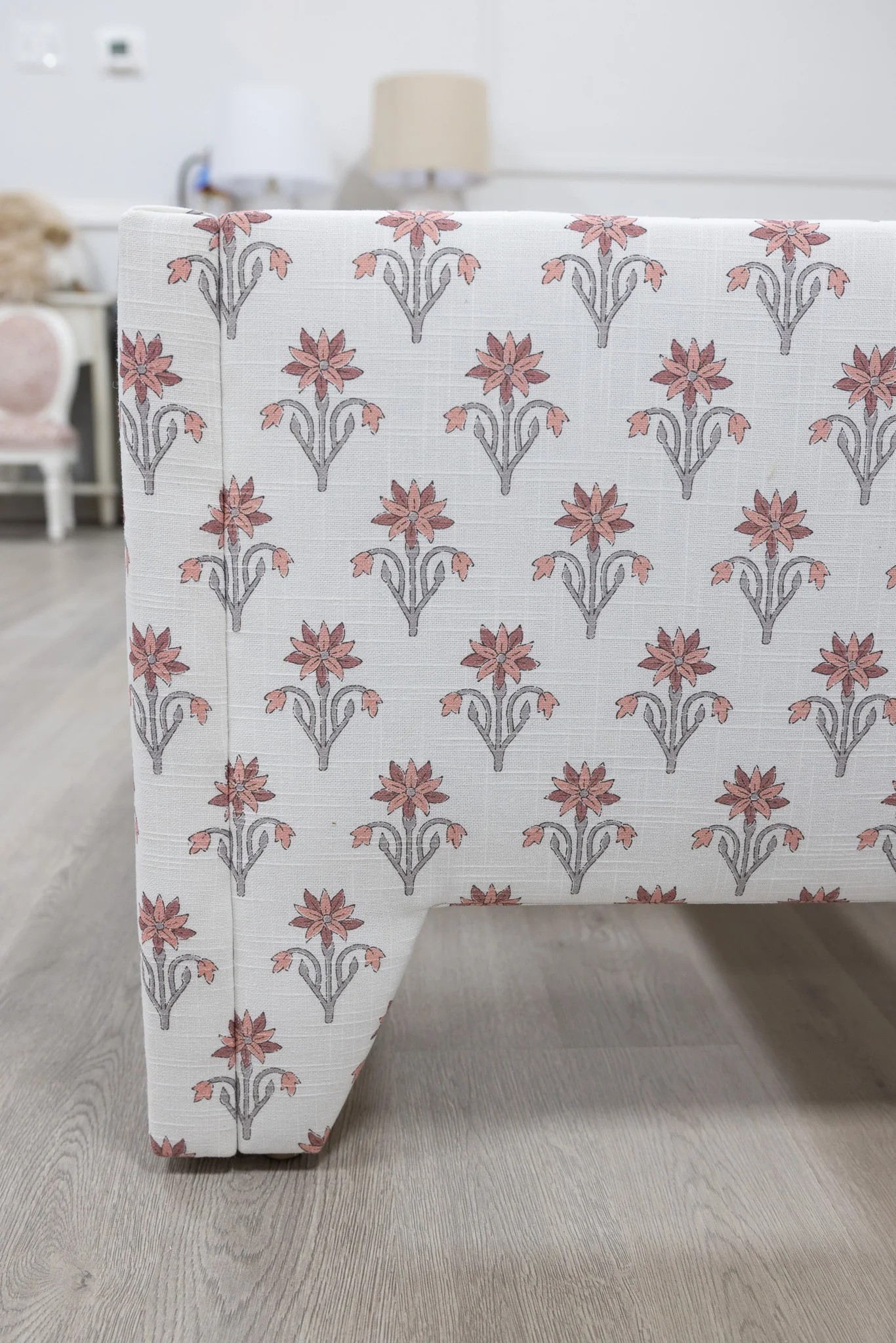 The Celeste Queen Upholstered Platform Bed - Pink Floral Linen Fabric - Petal Pink Trim - Image 4