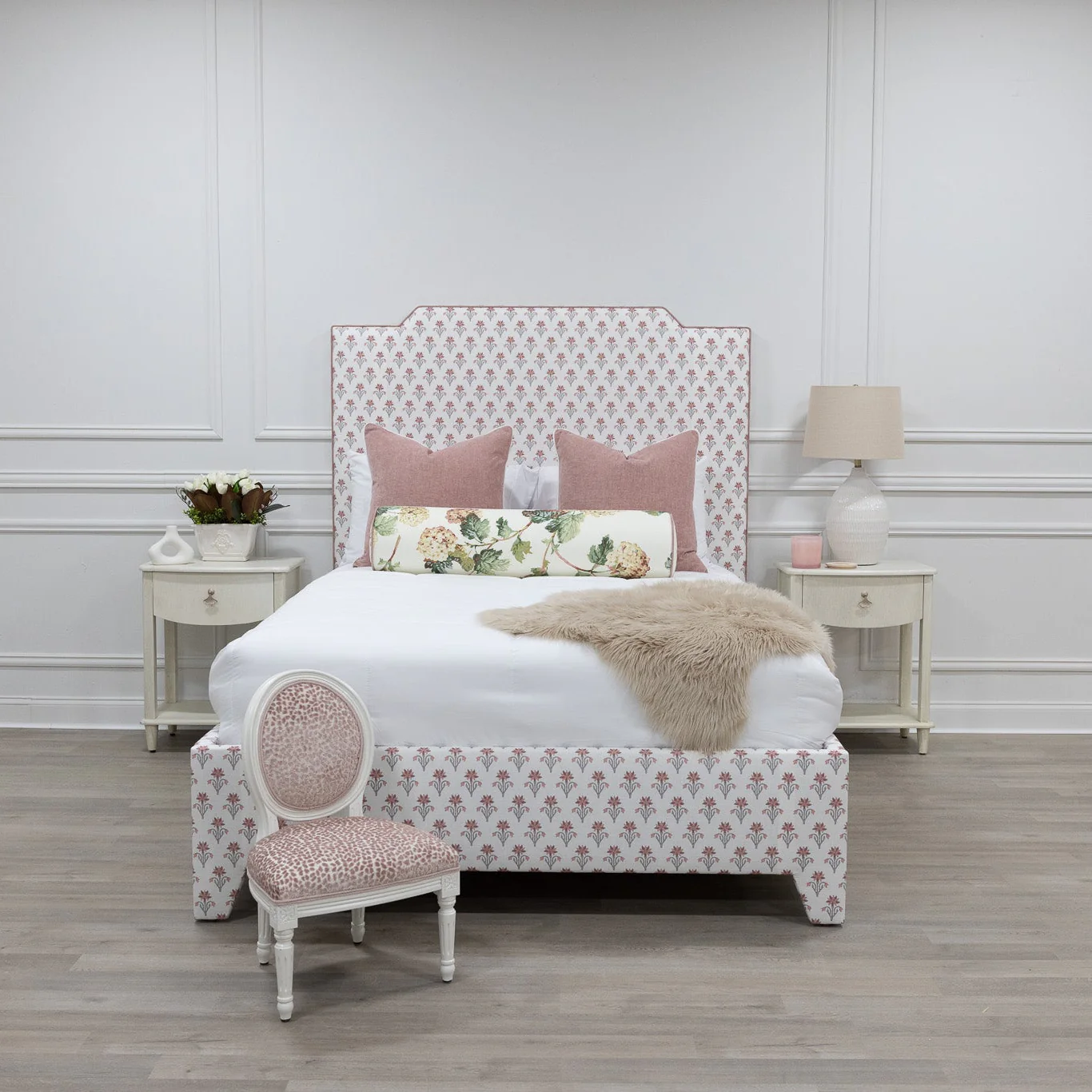 The Celeste Queen Upholstered Platform Bed - Pink Floral Linen Fabric - Petal Pink Trim - Image 5