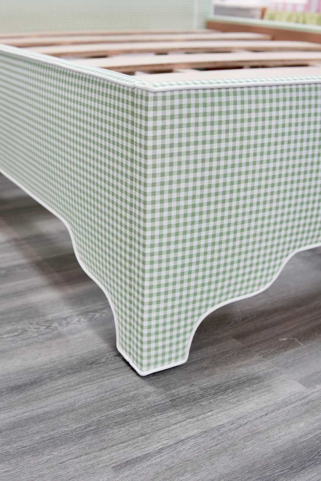 65”H Full Size Platform Upholstered Bed - Sage Green Gingham Fabric - White Trim - Image 4