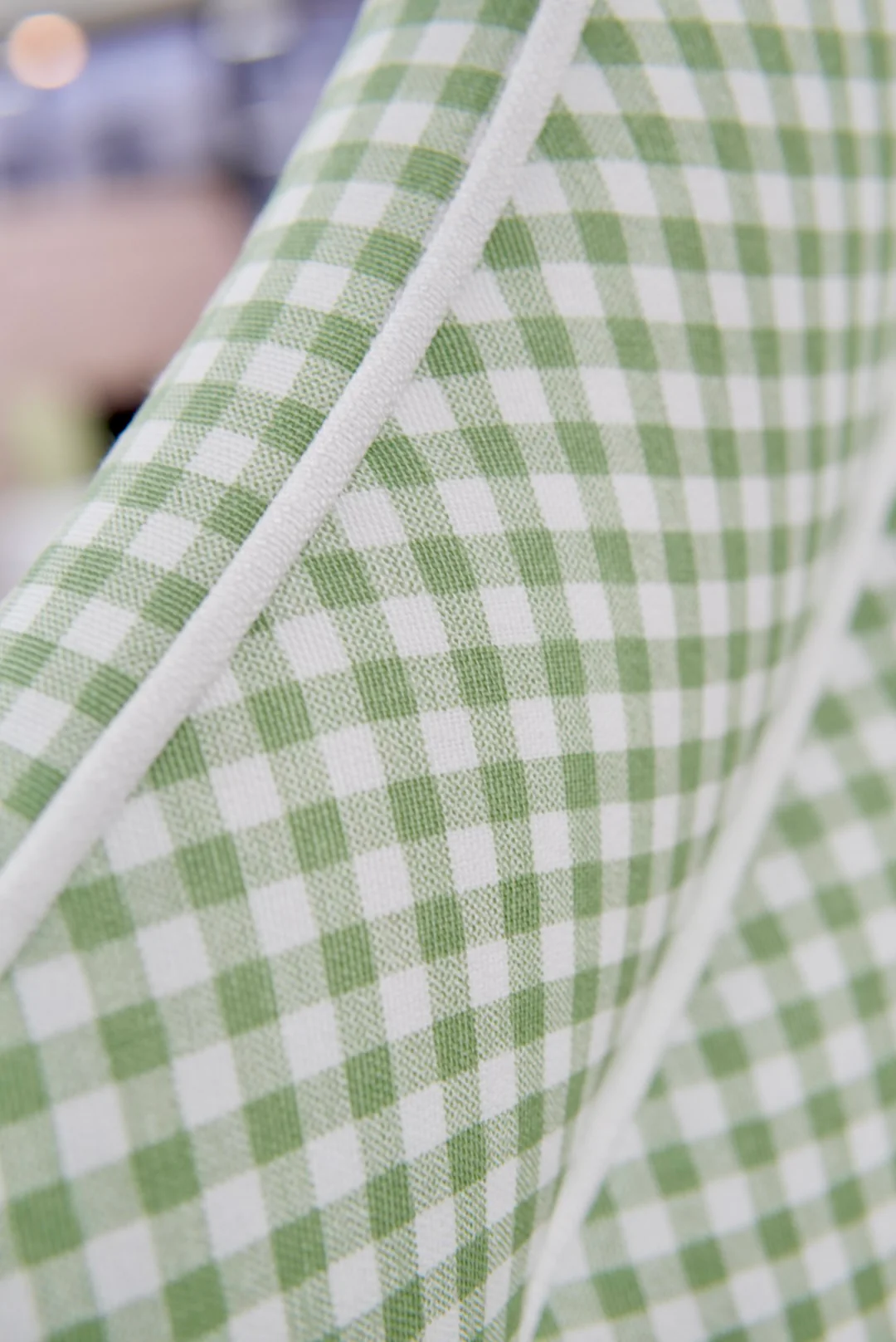 65”H Full Size Platform Upholstered Bed - Sage Green Gingham Fabric - White Trim - Image 5