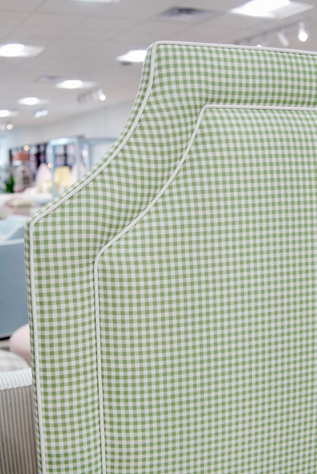 65”H Full Size Platform Upholstered Bed - Sage Green Gingham Fabric - White Trim - Image 6