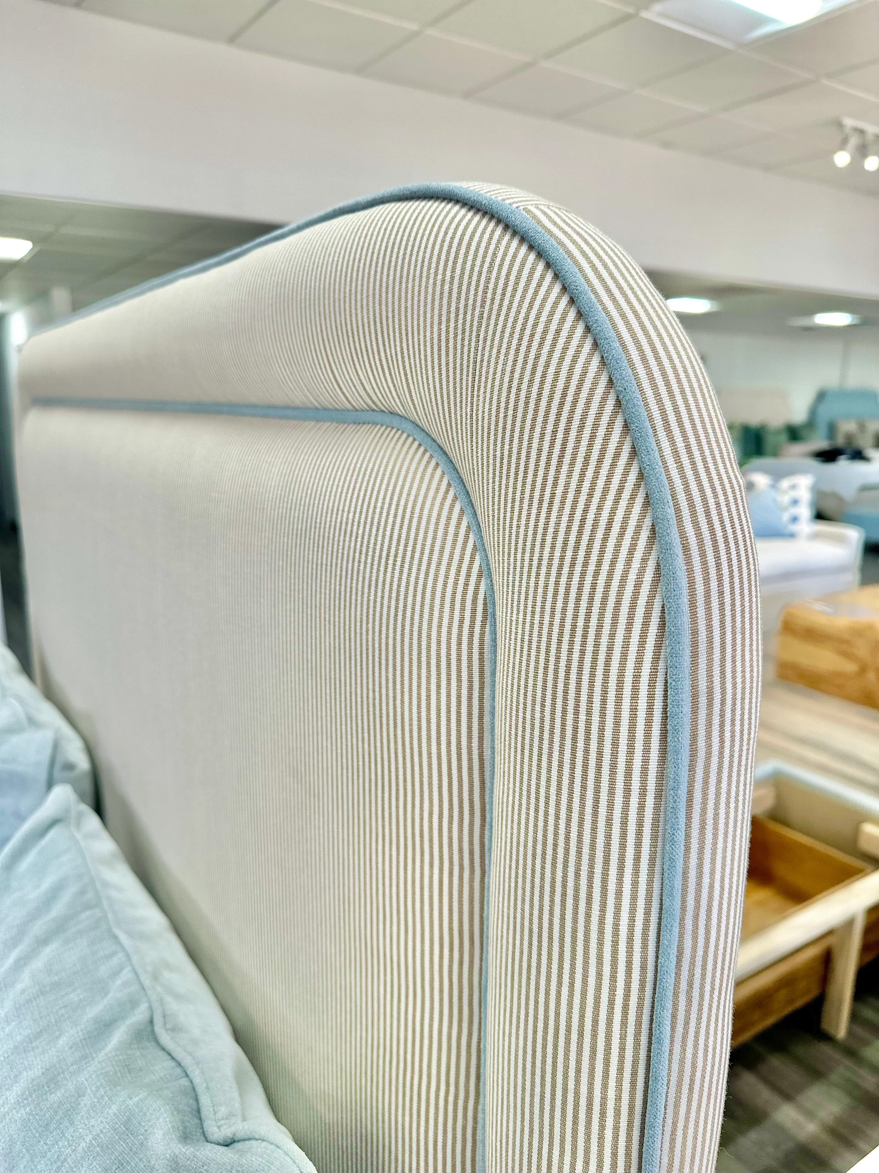 65”H Full Size Upholstered Bed with - Striped Serena & Lily Fabric - Sky Blue Trim - Image 4