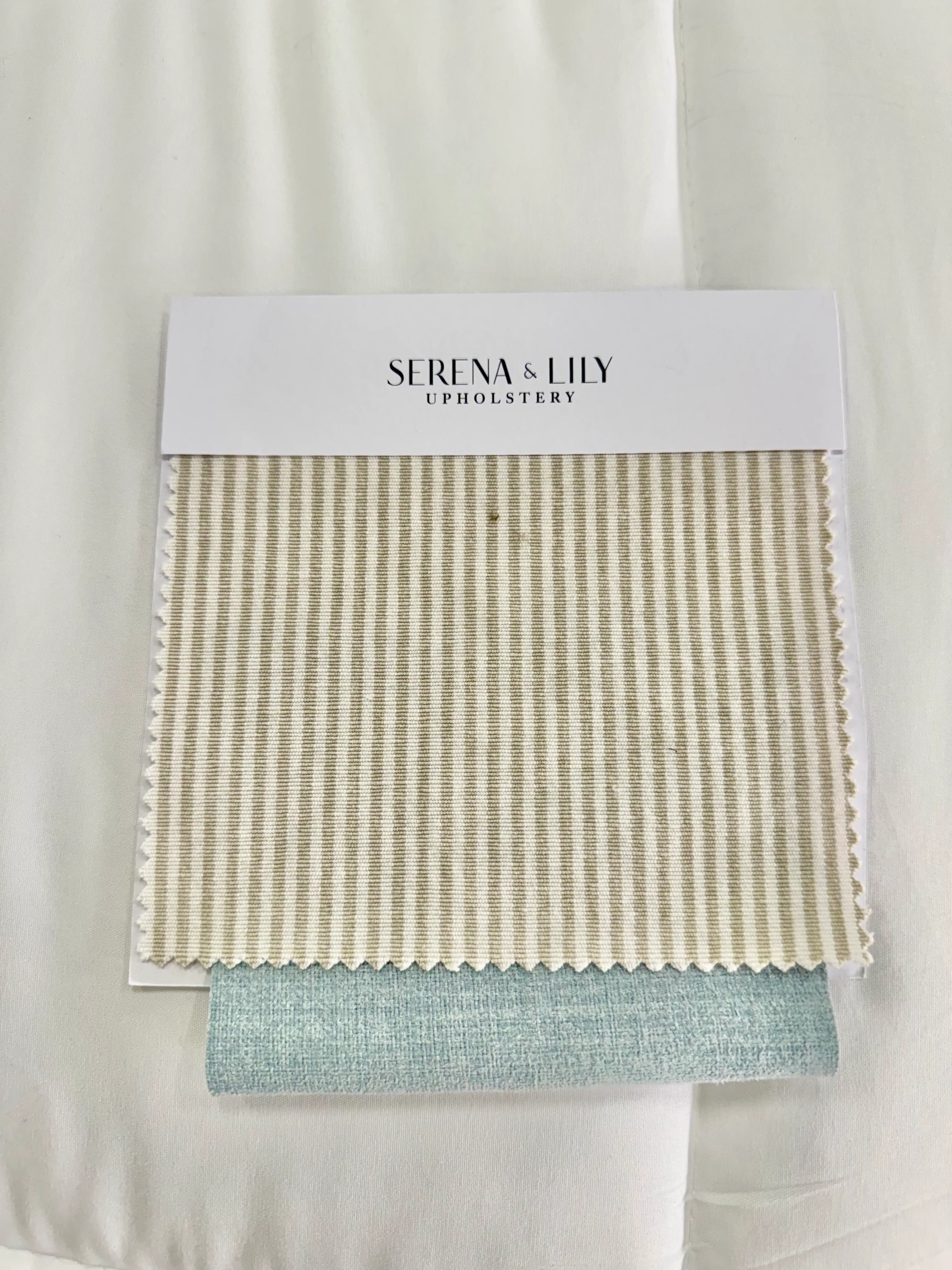 65”H Full Size Upholstered Bed with - Striped Serena & Lily Fabric - Sky Blue Trim - Image 5