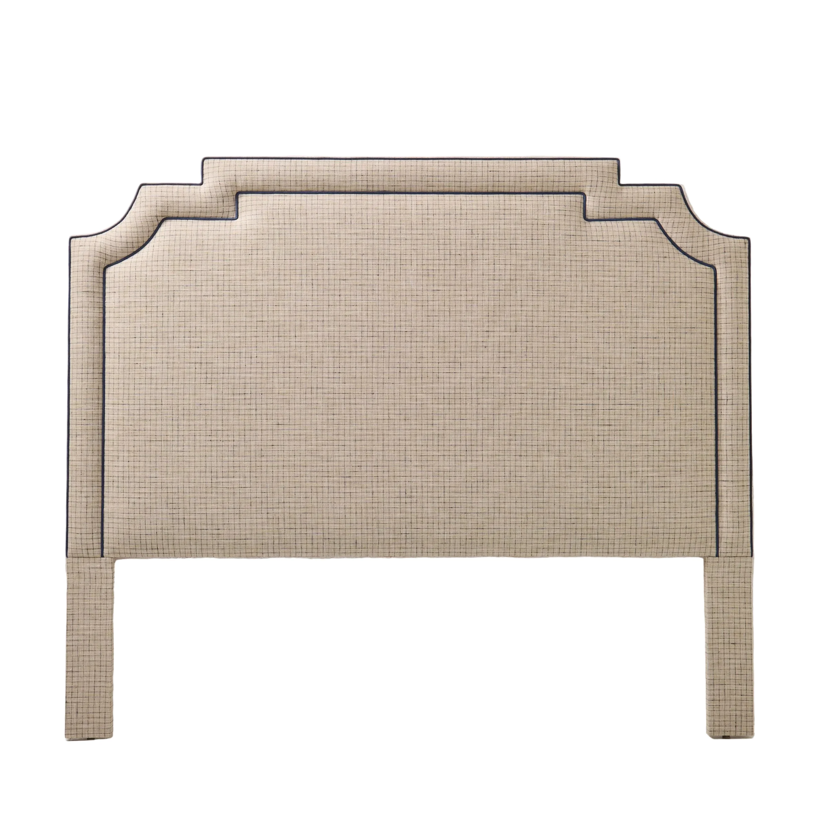 65”H King Headboard Only - Beige Checkered Fabric - Navy Trim