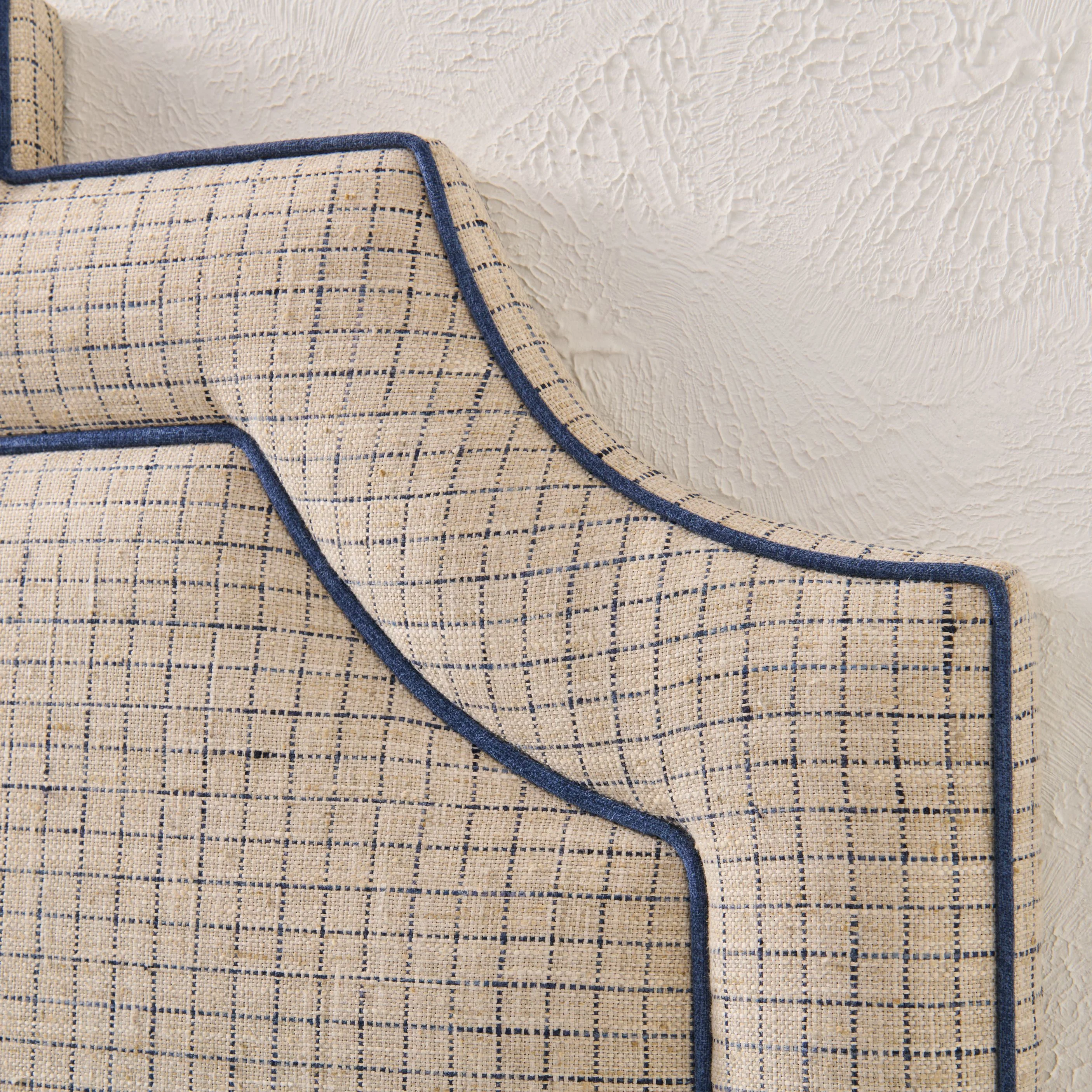 65”H King Headboard Only - Beige Checkered Fabric - Navy Trim - Image 5