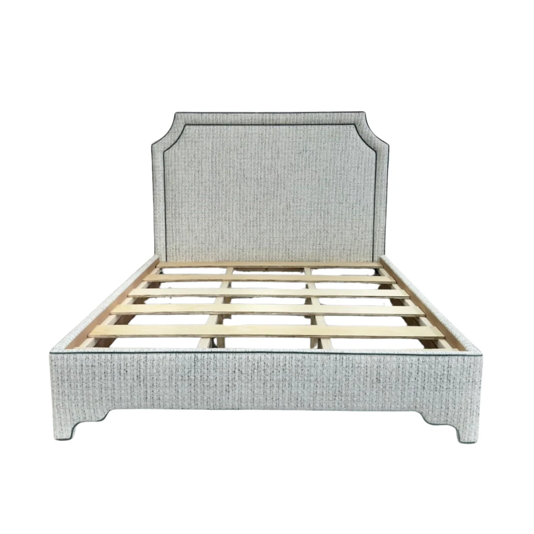 65" H King Platform Bed - Scalloped Legs - Textured Kravet Fabric- Teal Trim