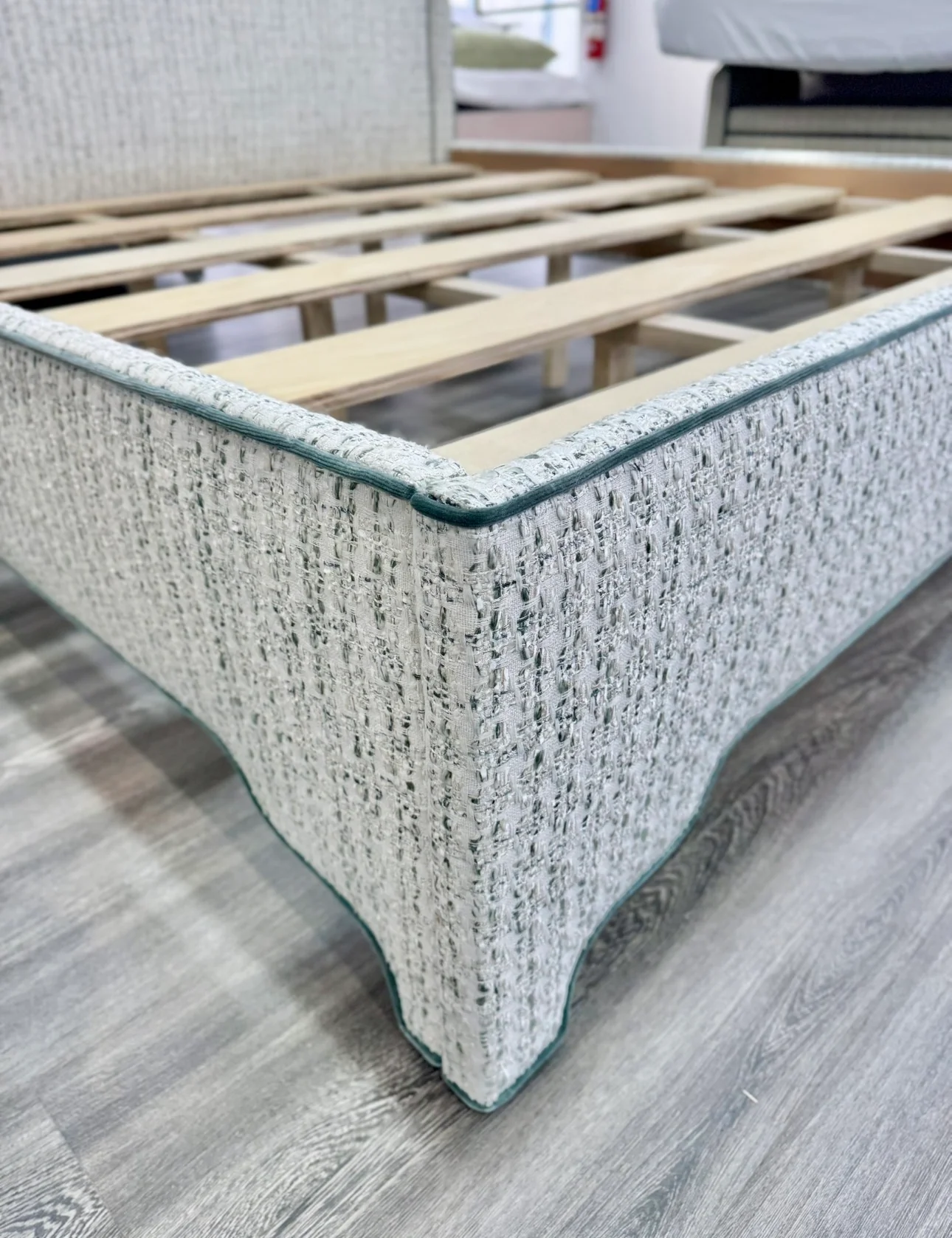 65" H King Platform Bed - Scalloped Legs - Textured Kravet Fabric- Teal Trim - Image 4