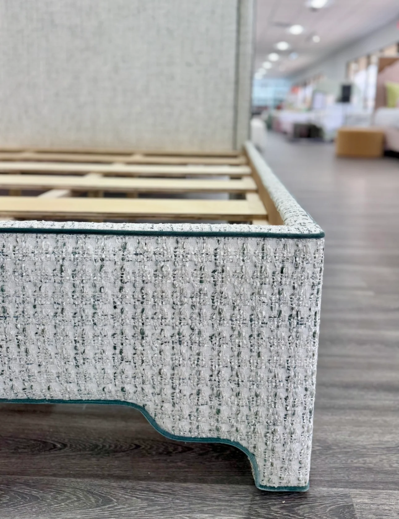 65" H King Platform Bed - Scalloped Legs - Textured Kravet Fabric- Teal Trim - Image 6