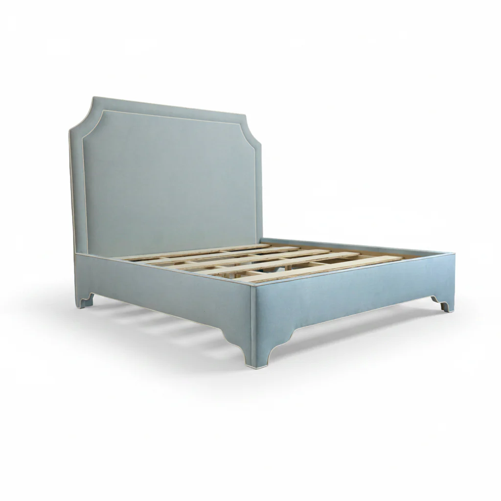 65" H King Platform Bed - Scalloped Legs - Sky Blue Woven Fabric with White Trim