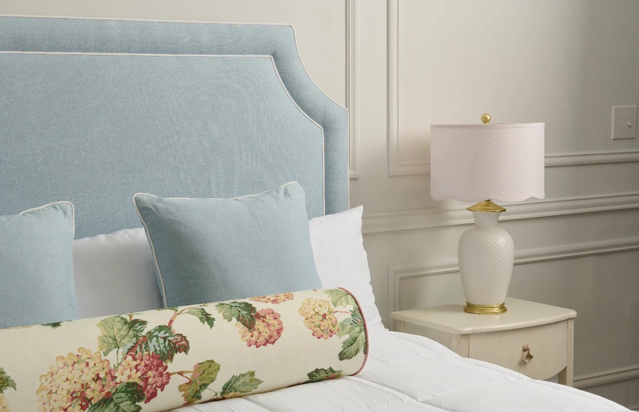 65"H King Headboard in Sky Blue Woven Fabric - White Trim - Image 5